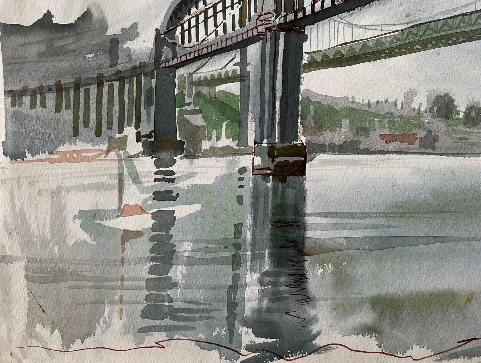 John Steane (B.1931)devon Cornwall Railway Bridge Over River Tamar Unfinished Watercolour Sketch photo Art
