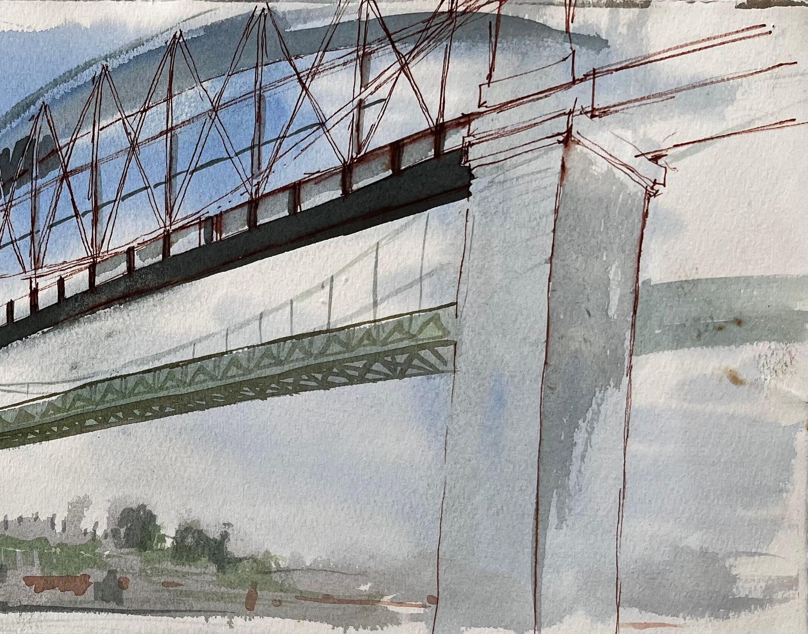 John Steane (B.1931)devon Cornwall Railway Bridge Over River Tamar Unfinished Watercolour Sketch photo 495.0