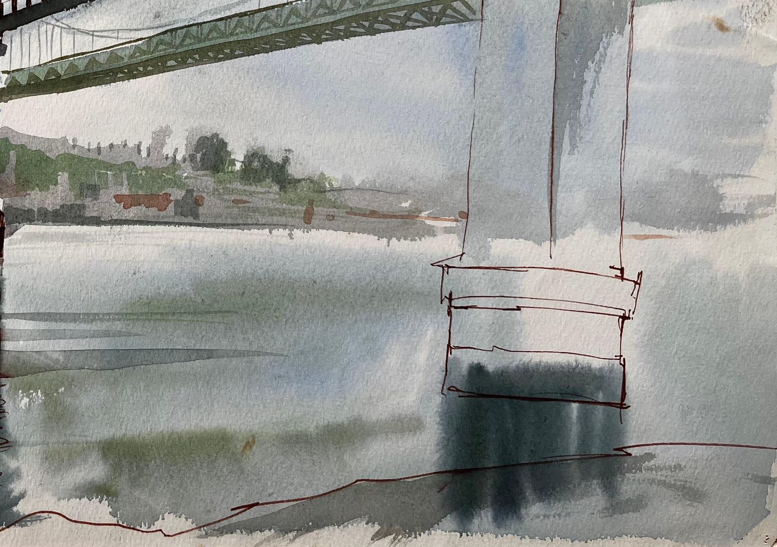 John Steane (B.1931)devon Cornwall Railway Bridge Over River Tamar Unfinished Watercolour Sketch photo vinterior