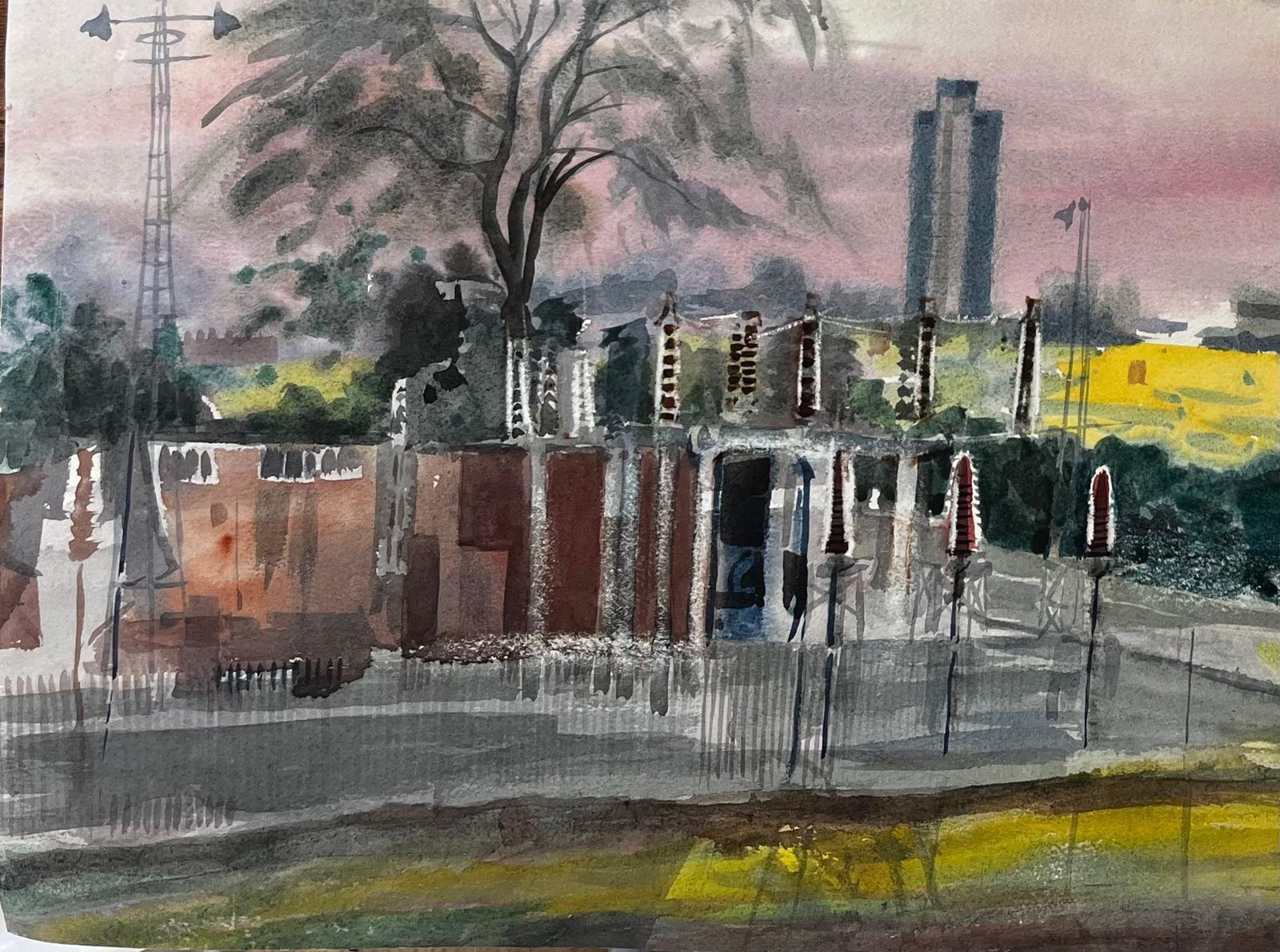 John Steane (B.1931)sunset Over Suburban London With Tree Skyline And Yellow Fields 1996 Watercolour1996 photo for sale