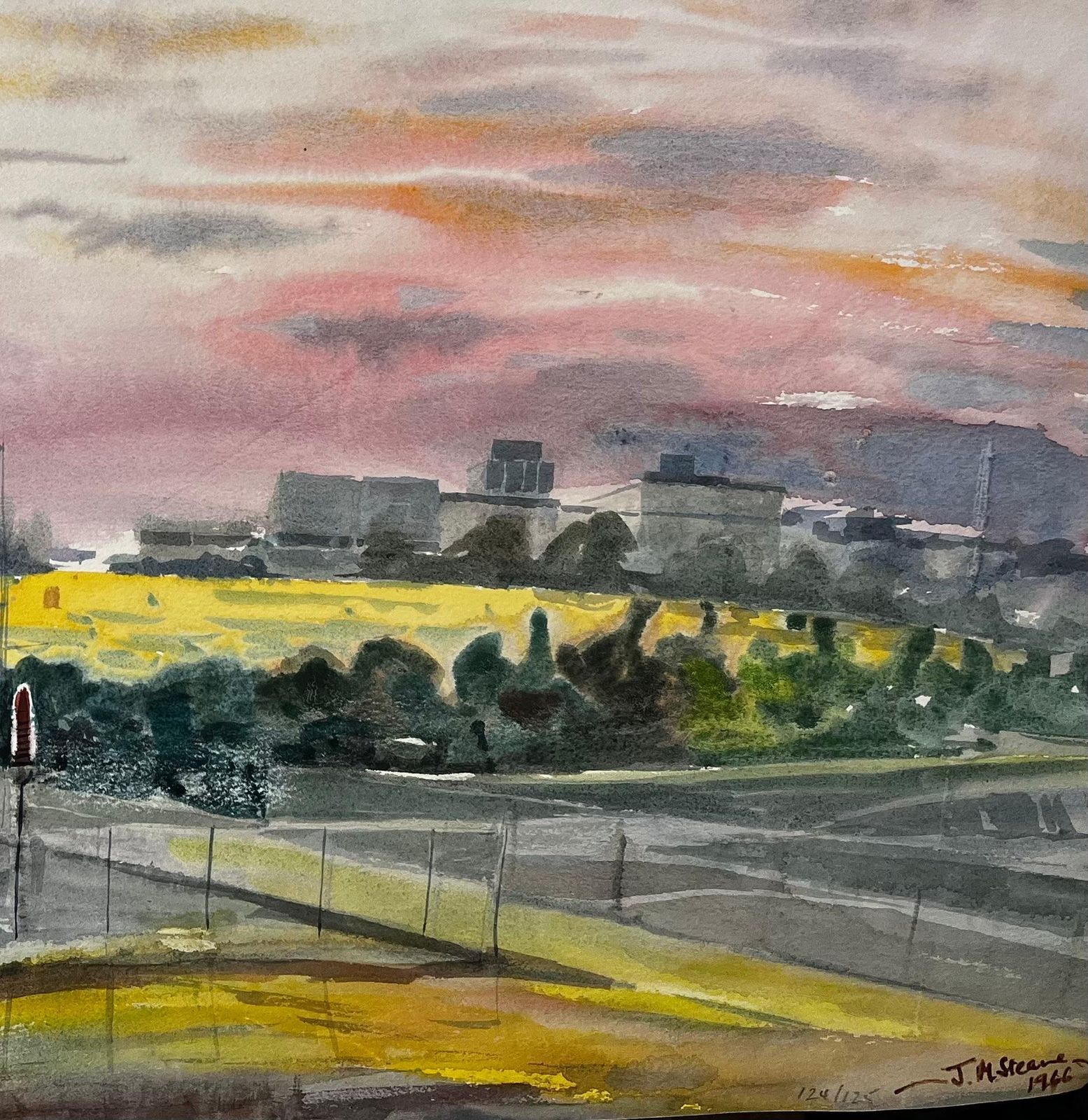 John Steane (B.1931)sunset Over Suburban London With Tree Skyline And Yellow Fields 1996 Watercolour1996 photo 571.0