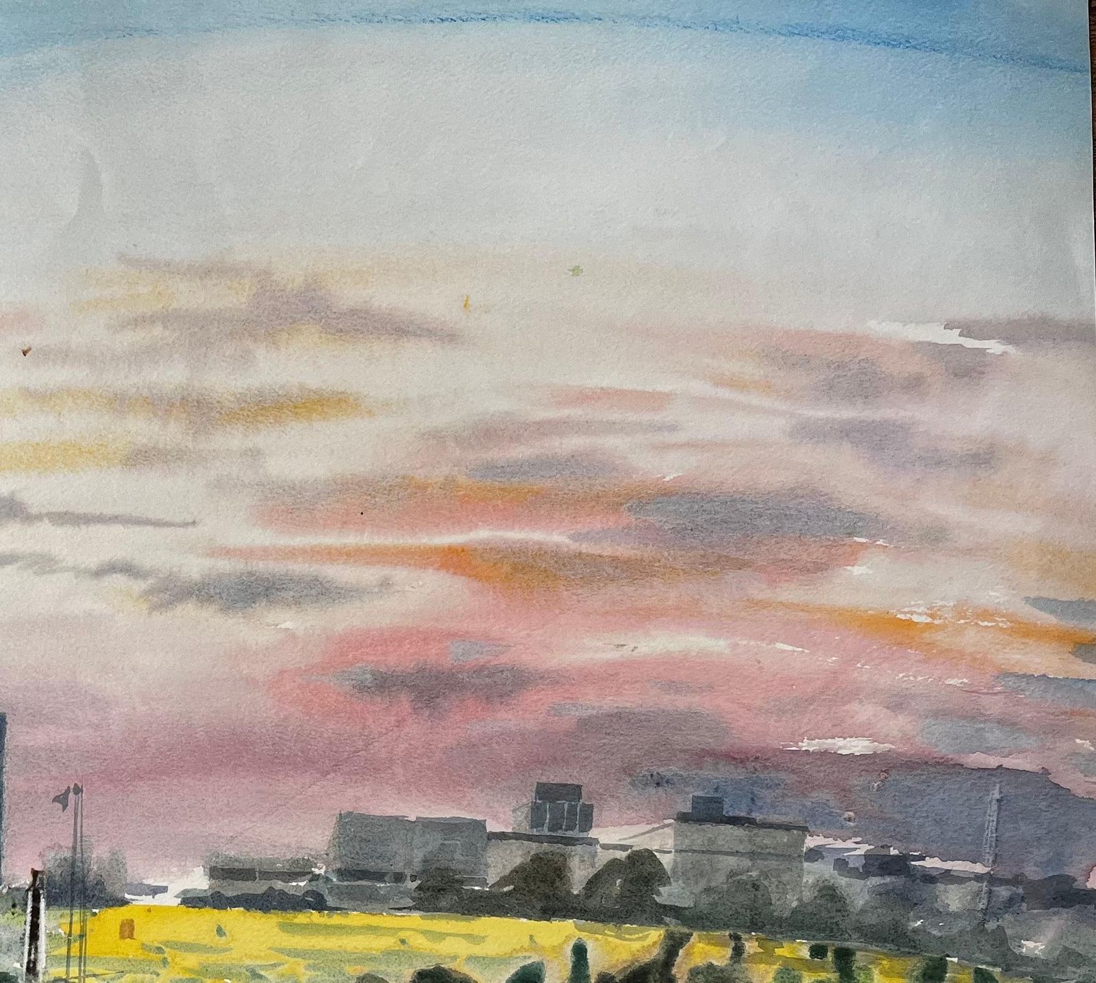 John Steane (B.1931)sunset Over Suburban London With Tree Skyline And Yellow Fields 1996 Watercolour1996 photo vinterior