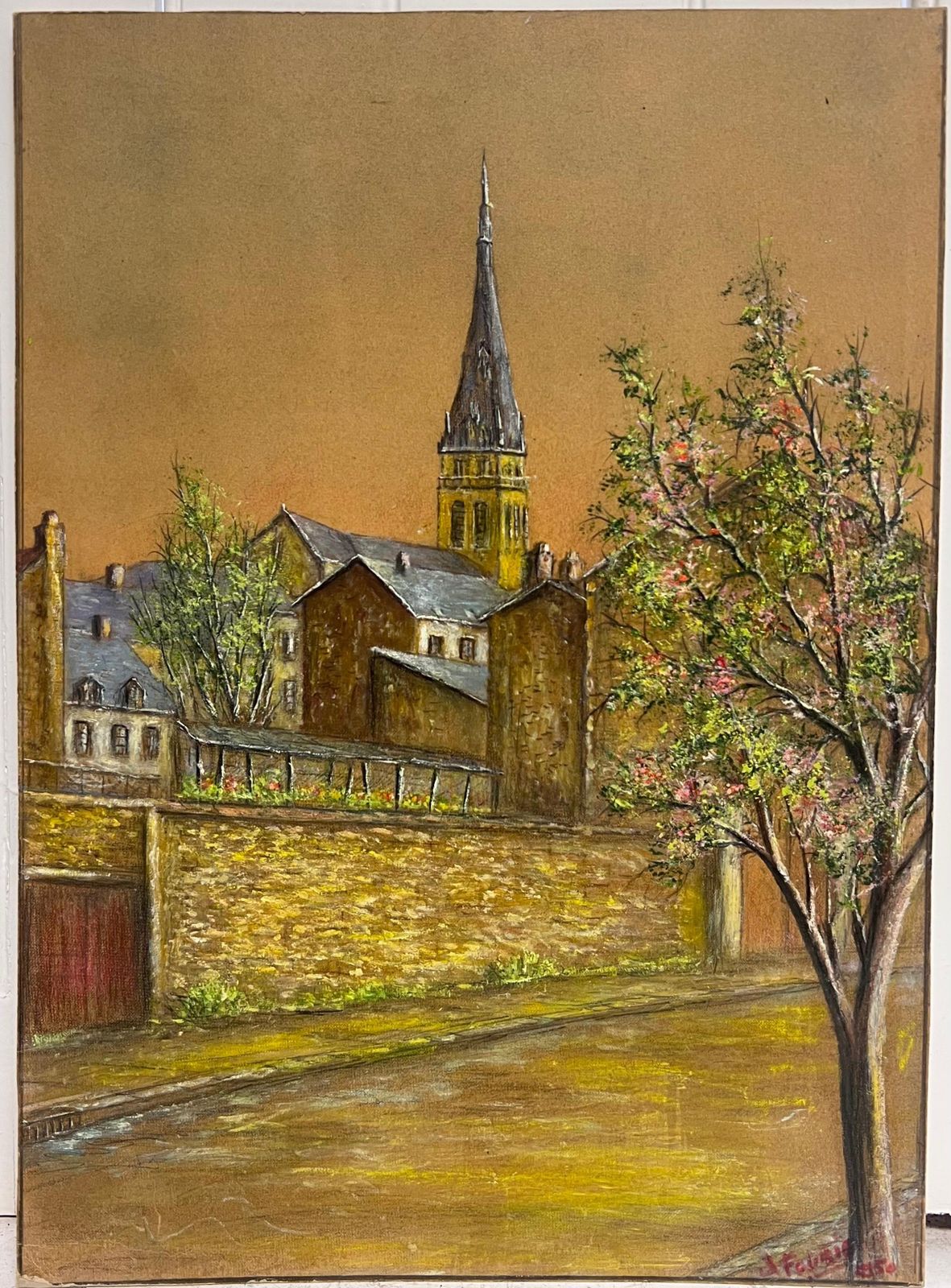 Jean Fouriequiet Street With Blossoming Tree And Church Spire At Dusk Oil Painting1950 photo Art