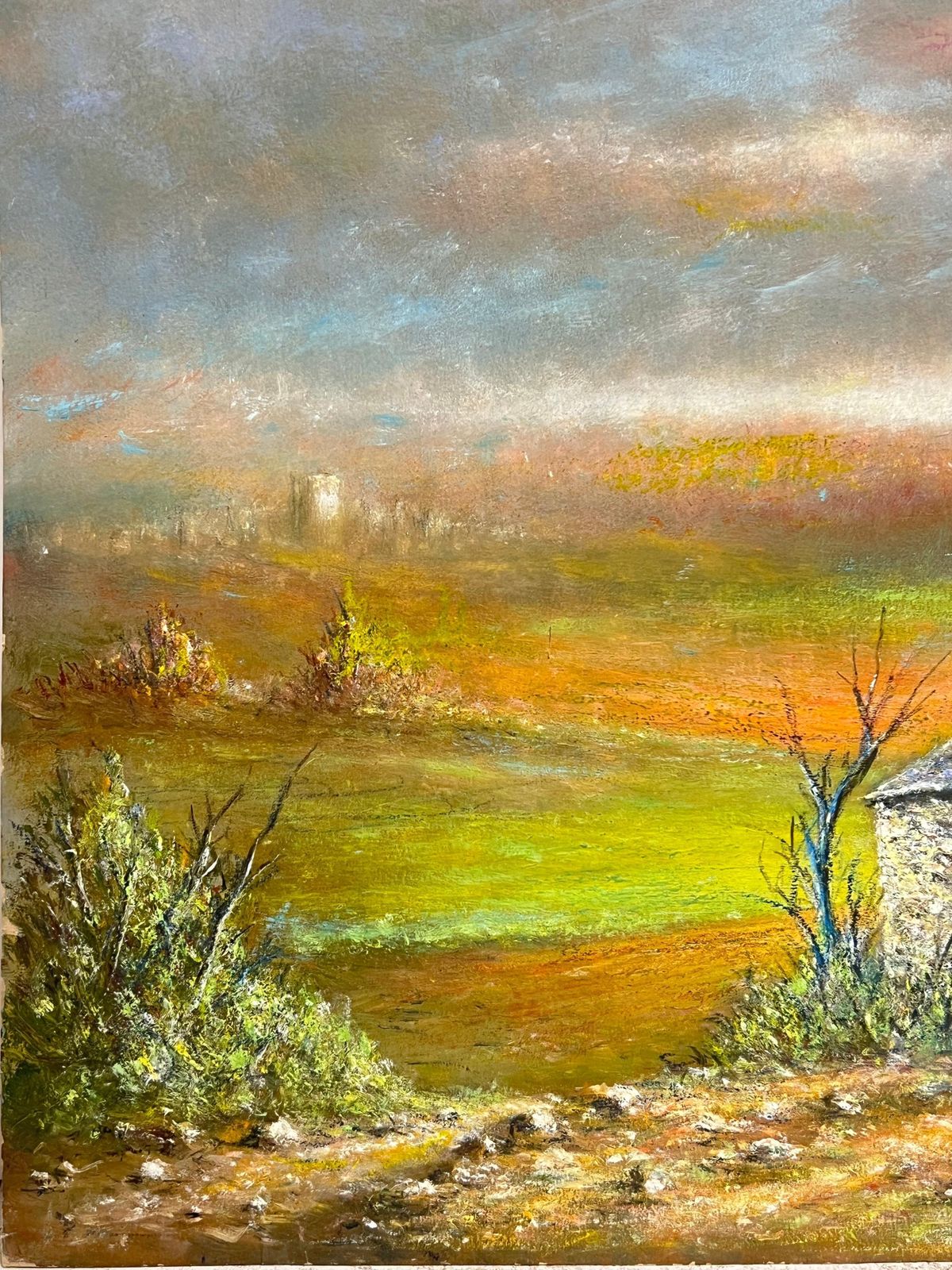 Jean Fouriestone Hut In A Autumnal Sunset Open Field Oil Landscape Painting photo for sale