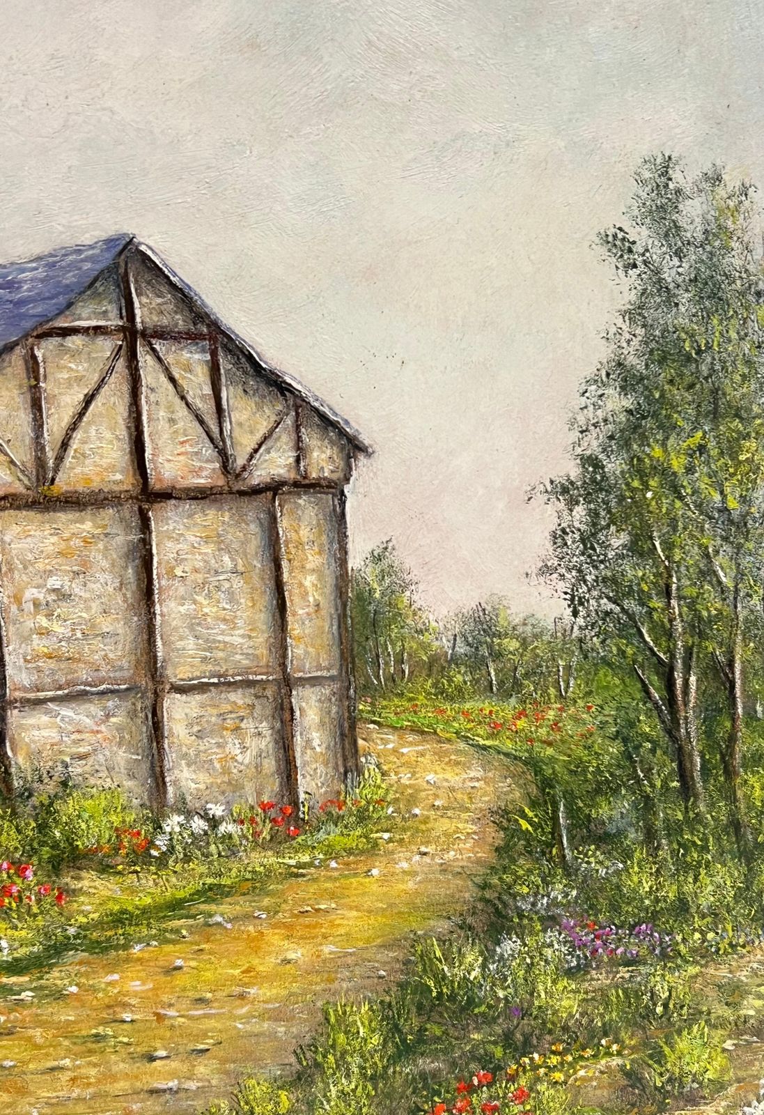 Jean Fourietimber   Framed Barn With Garden Flowers Along A Country Path Oil Painting photo furniture