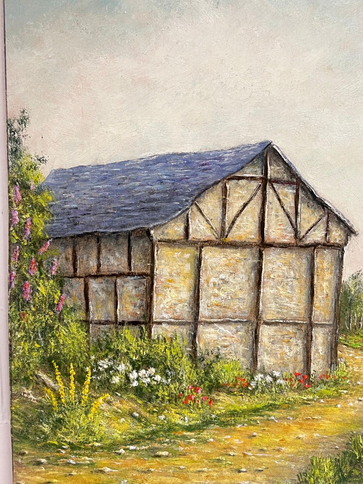 Jean Fourietimber   Framed Barn With Garden Flowers Along A Country Path Oil Painting photo for sale