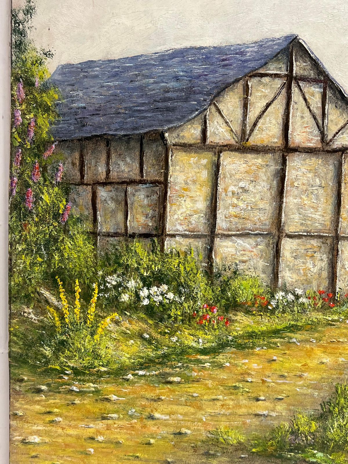 Jean Fourietimber   Framed Barn With Garden Flowers Along A Country Path Oil Painting photo vinterior