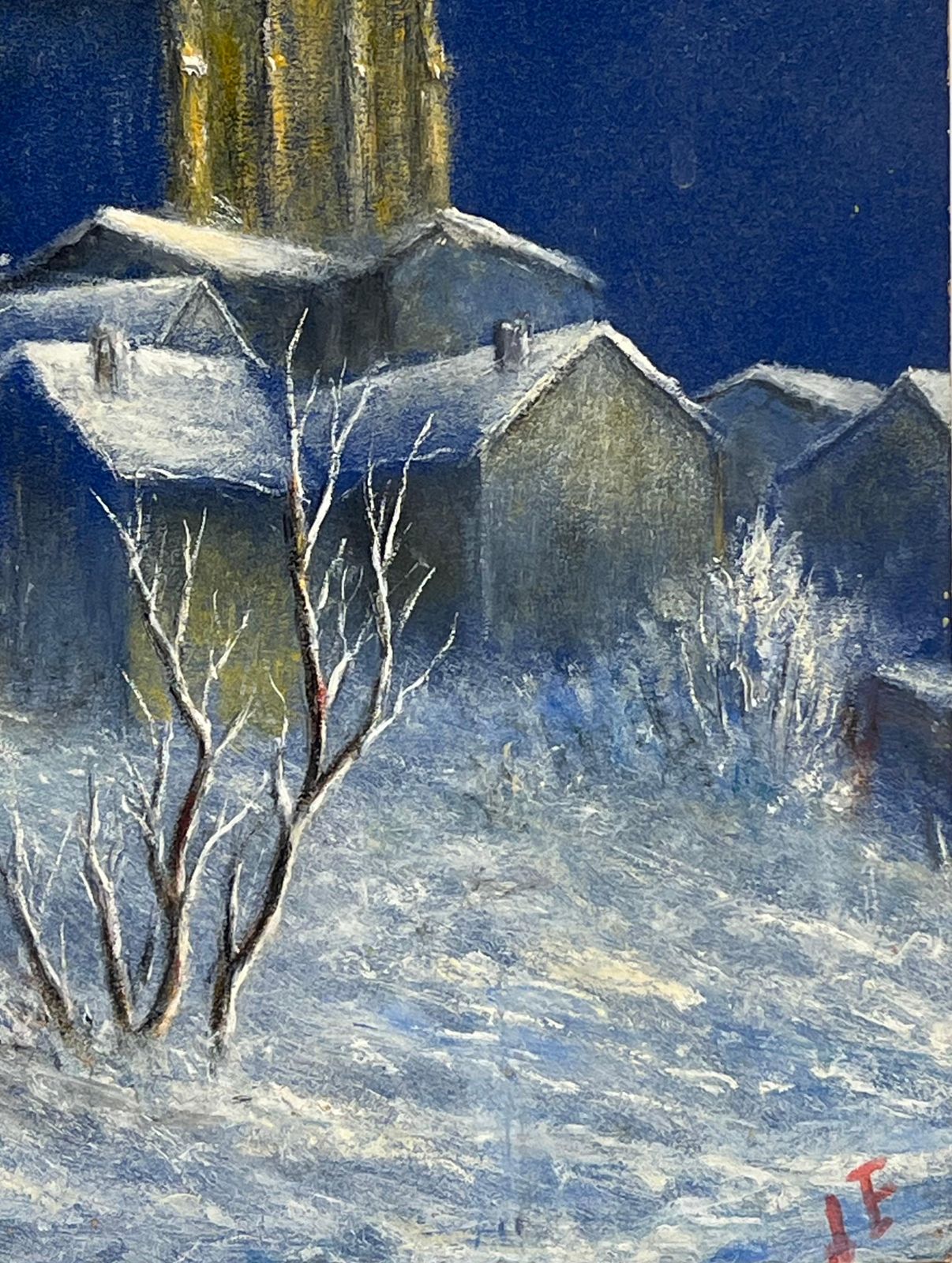 Jean Fouriesnow Covered Church In Midnight Blue Oil Landscape Painting photo Art