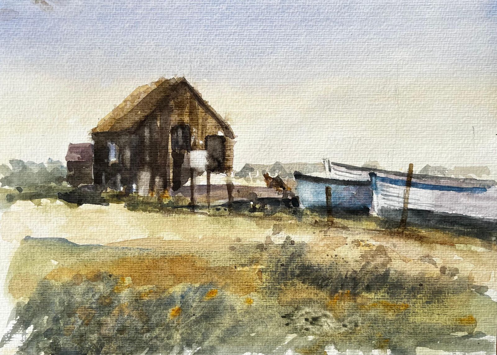 Anthony Herbertweathered Coastal Boathouse With Fishing Boats And Dunes Watercolour Painting