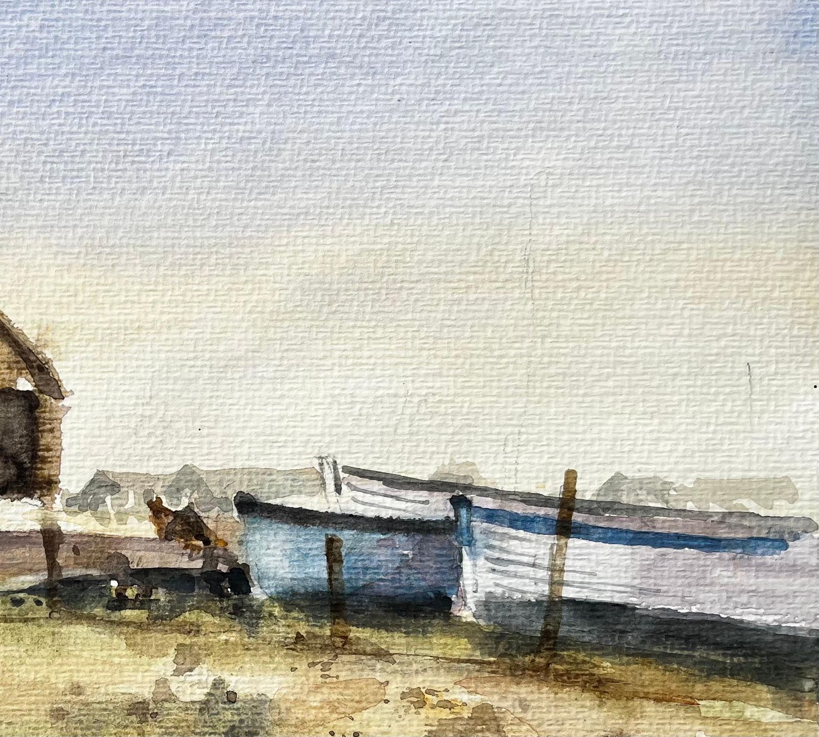 Anthony Herbertweathered Coastal Boathouse With Fishing Boats And Dunes Watercolour Painting photo 433.0