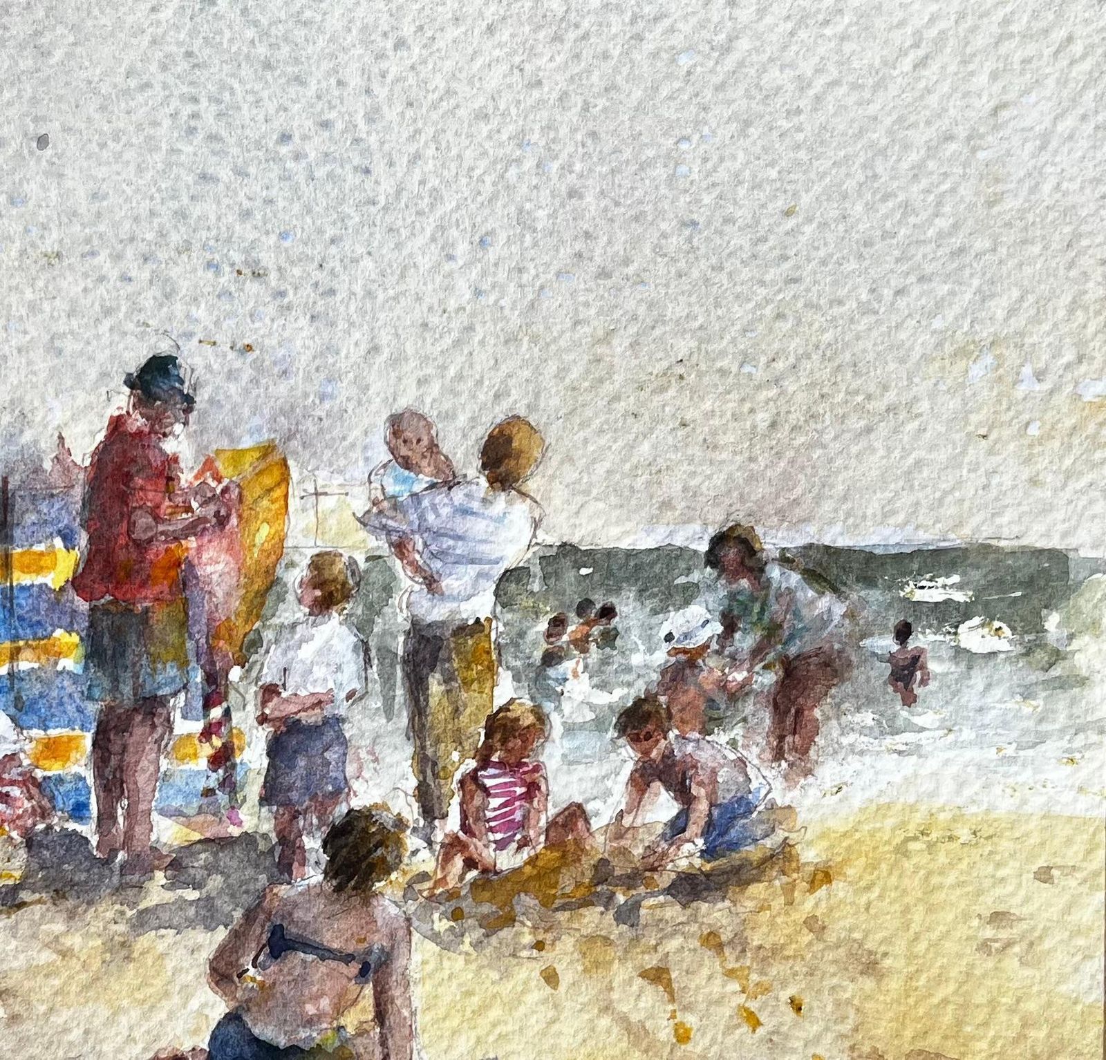 Anthony Herbertbritish Seaside Family Beach Scene With Windbreak And Umbrella By Tony Herbert photo Art