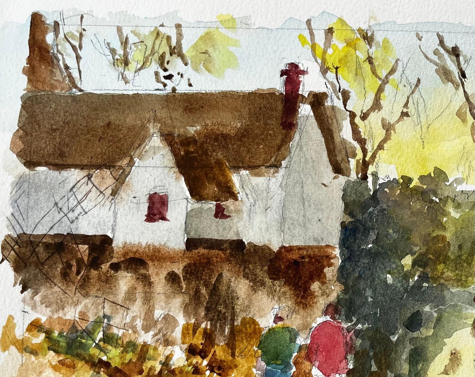 Anthony Herbertflatford Mill Suffolk Landscape With Figures And Thatched Cottage Watercolour photo for sale