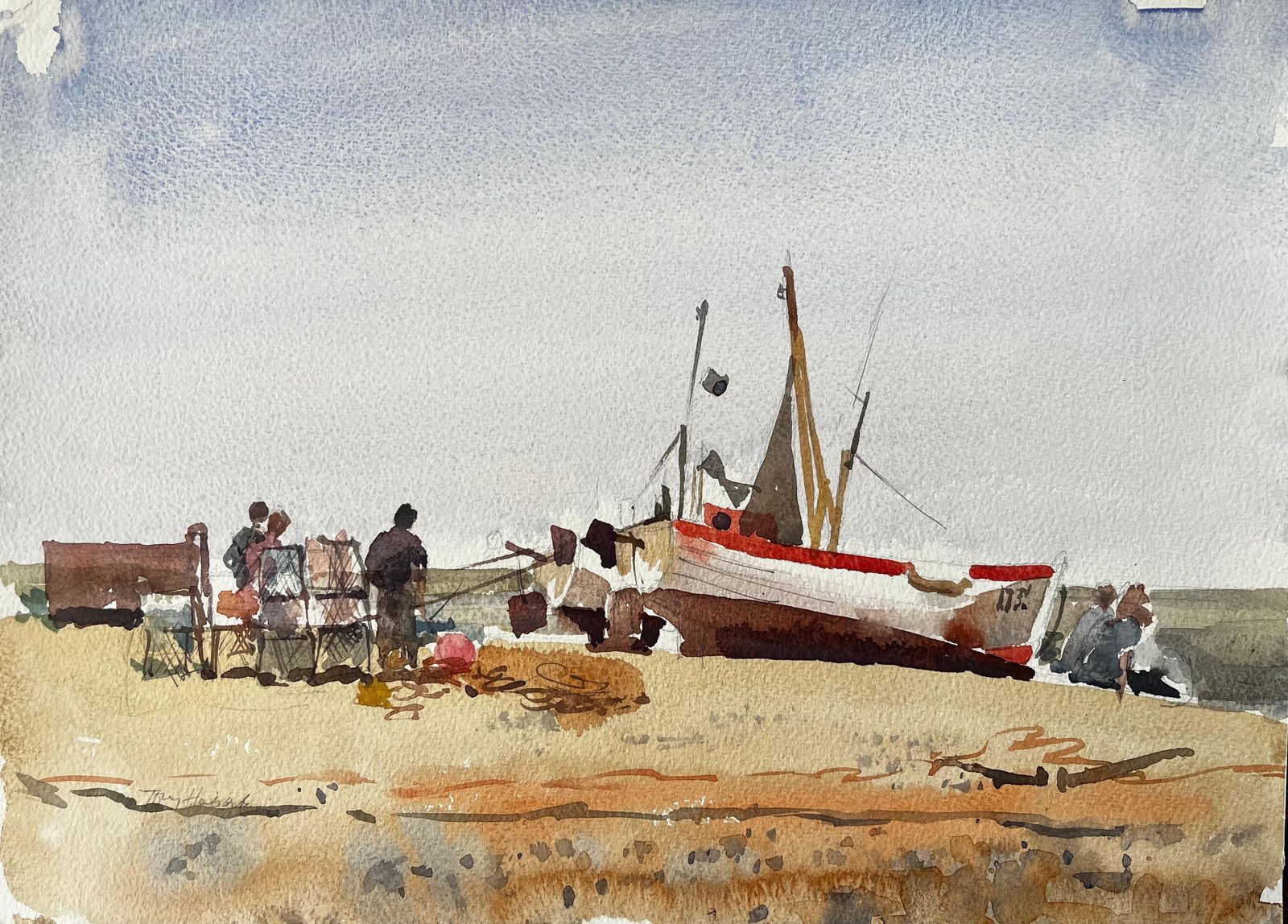 Anthony Herbertbeached Fishing Boat With Figures And Nets On Winter Shore Watercolour Scene