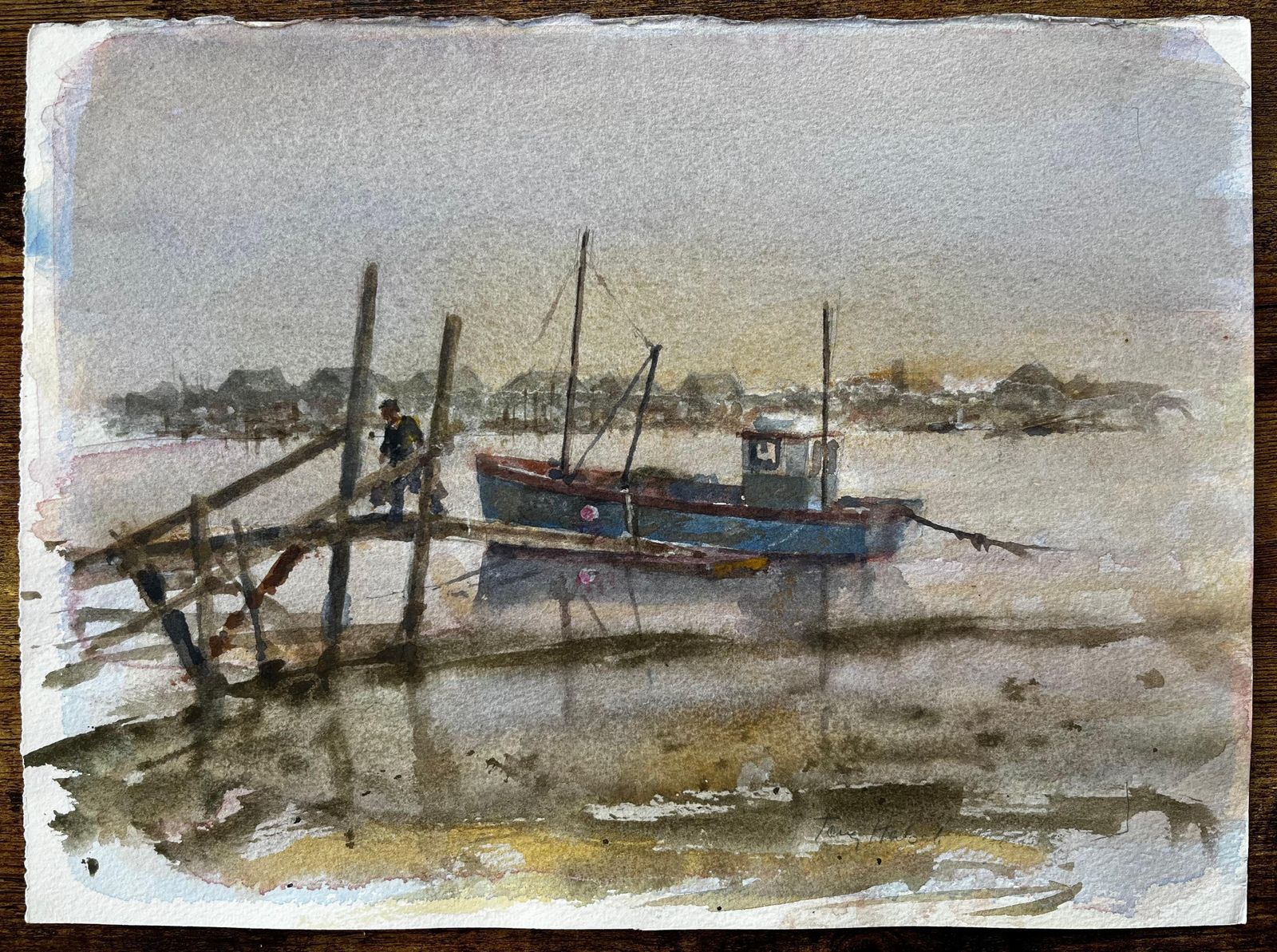 Anthony Herbertmisty Estuary With Blue Fishing Boat And Figure And Wooden Jetty By Tony Herbert photo furniture