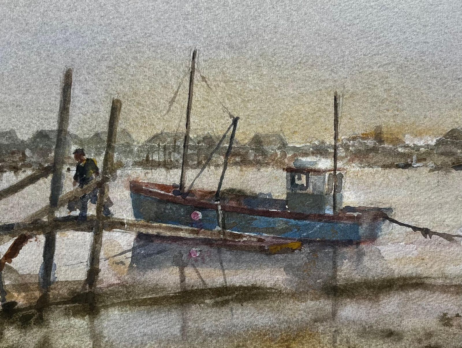 Anthony Herbertmisty Estuary With Blue Fishing Boat And Figure And Wooden Jetty By Tony Herbert photo Art