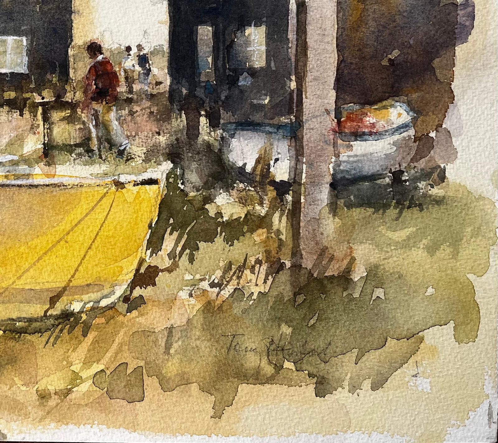 Anthony Herbertsouthwold Coastal Houses With Figures And Yellow Boat Suffolk Watercolour Scene photo for sale