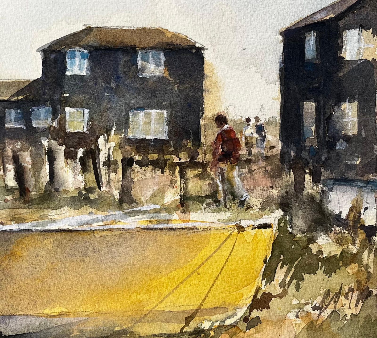 Anthony Herbertsouthwold Coastal Houses With Figures And Yellow Boat Suffolk Watercolour Scene photo buy