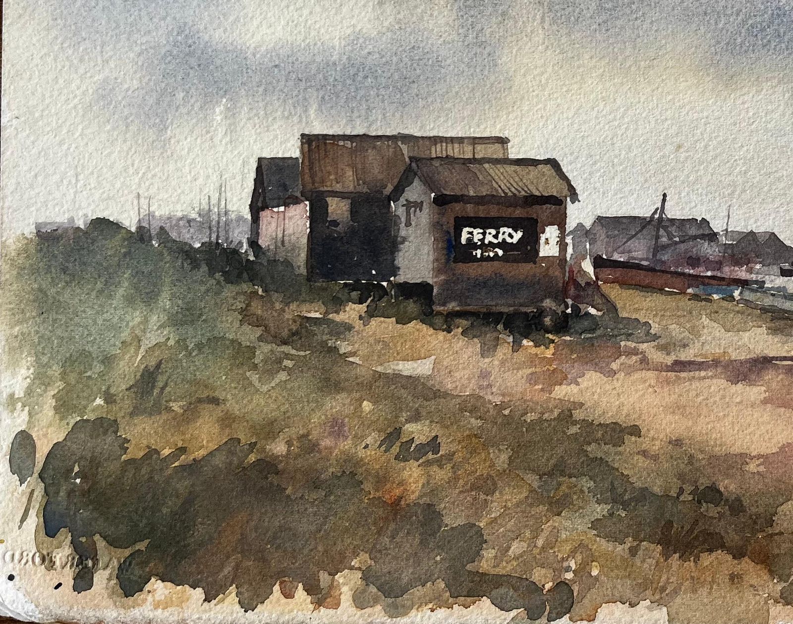 Anthony Herbertsouthwold Harbour Ferry Hut With Distant Shoreline And Boats Watercolour photo for sale