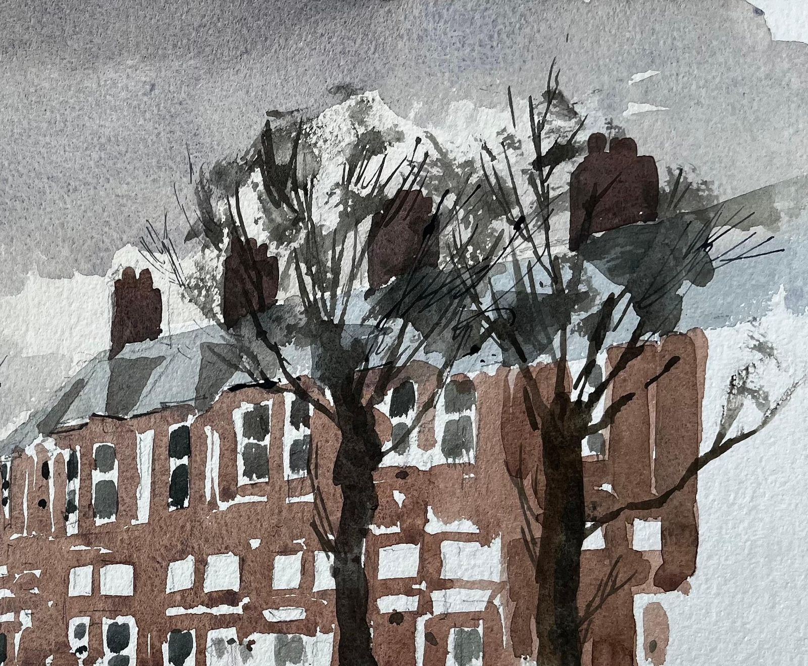 Anthony Herbertsouthwold York Road Scene With Red Brick Terraces Trees And Puddles Watercolour photo for sale