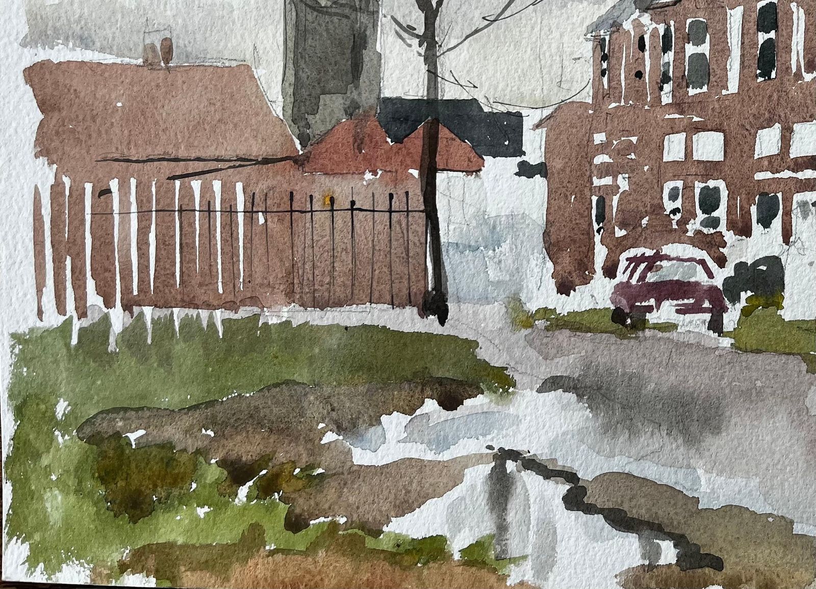 Anthony Herbertsouthwold York Road Scene With Red Brick Terraces Trees And Puddles Watercolour photo vinterior