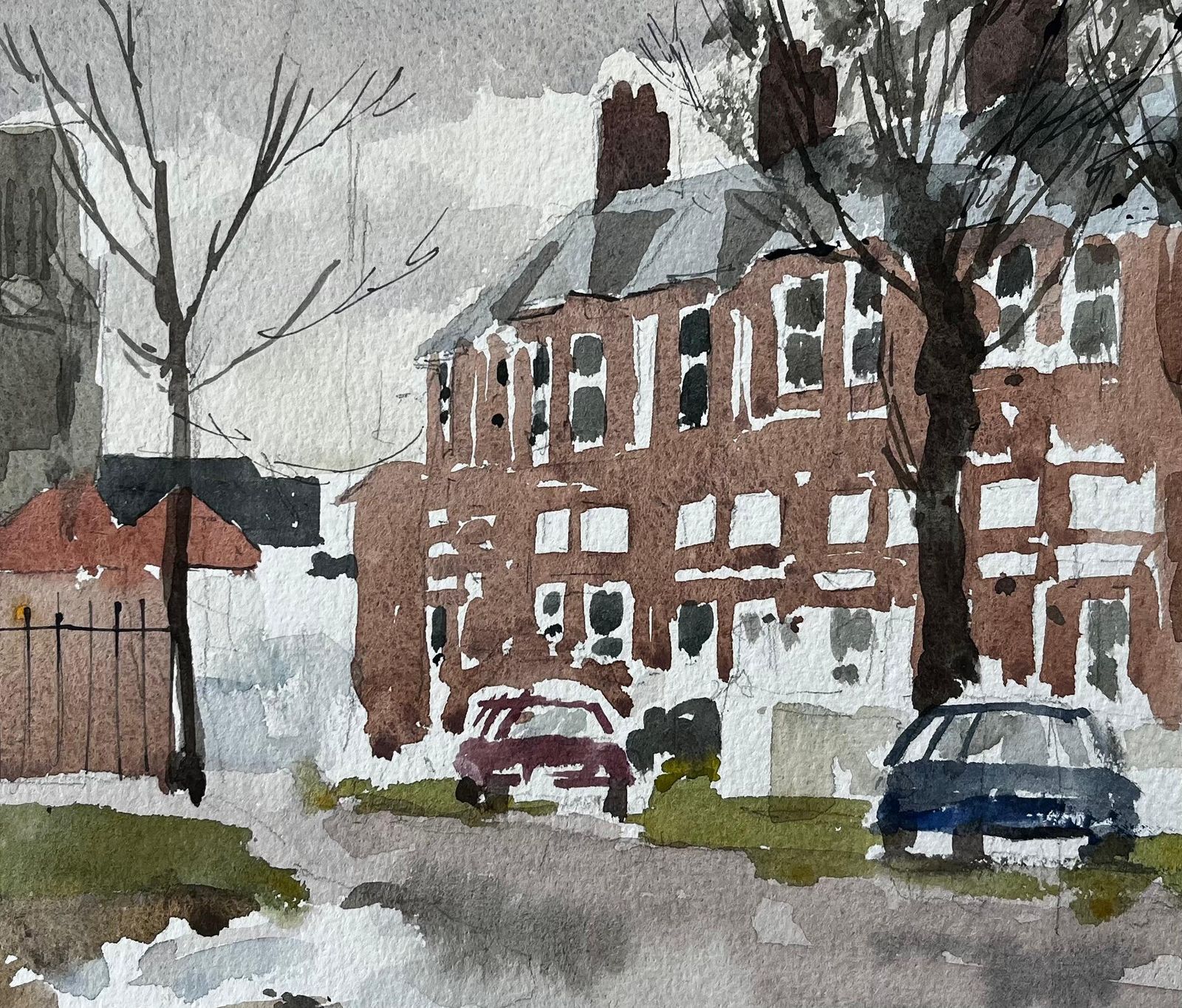 Anthony Herbertsouthwold York Road Scene With Red Brick Terraces Trees And Puddles Watercolour photo buy
