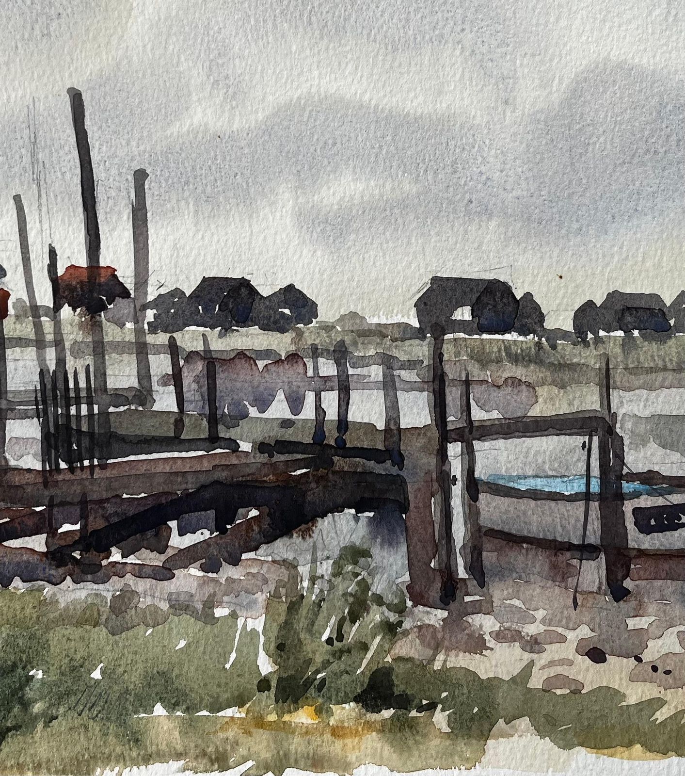 Anthony Herbertlow Tide Fishing Boats And Jetties Coastal Marsh Scene July 1996 Watercolour1996 photo Art
