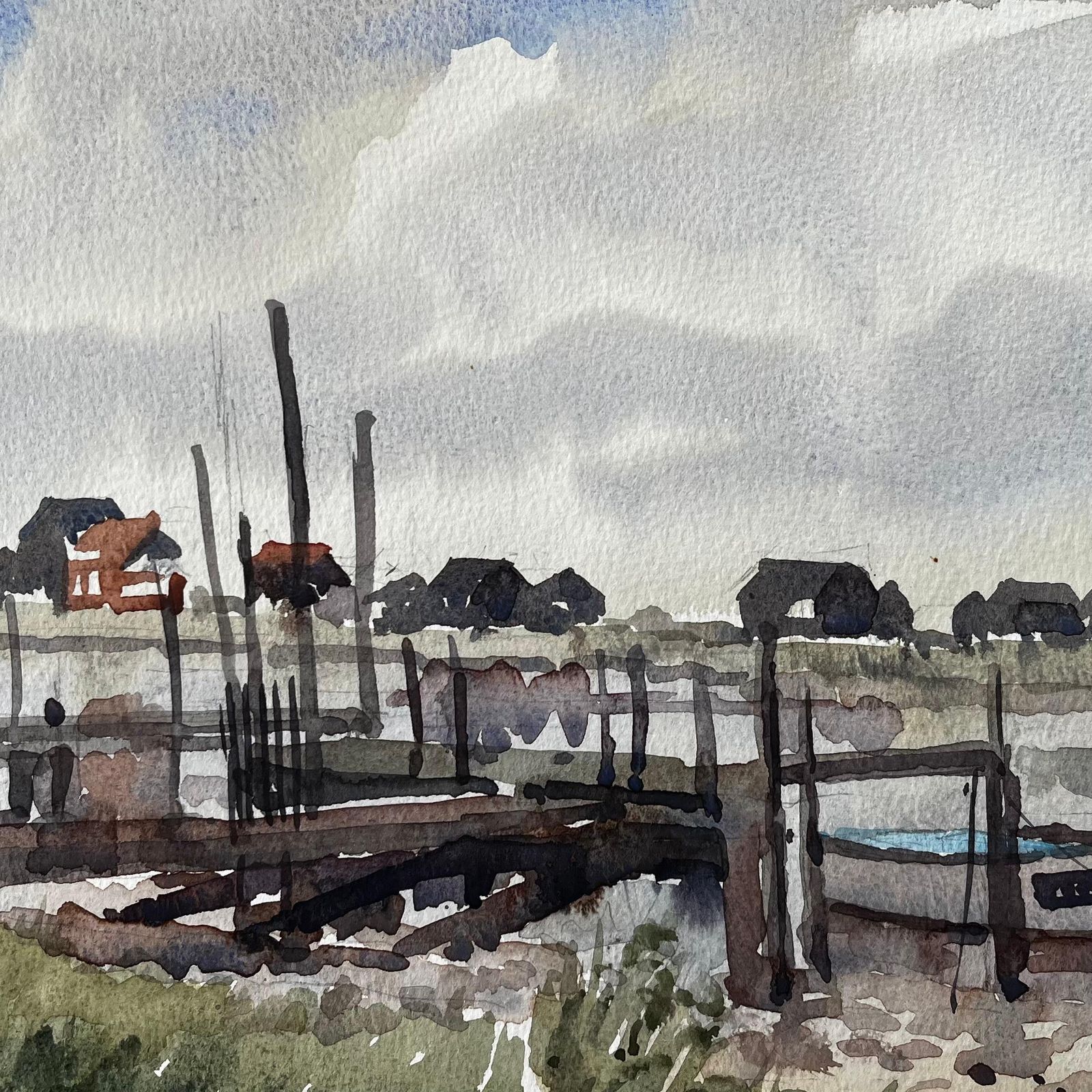 Anthony Herbertlow Tide Fishing Boats And Jetties Coastal Marsh Scene July 1996 Watercolour1996 photo buy