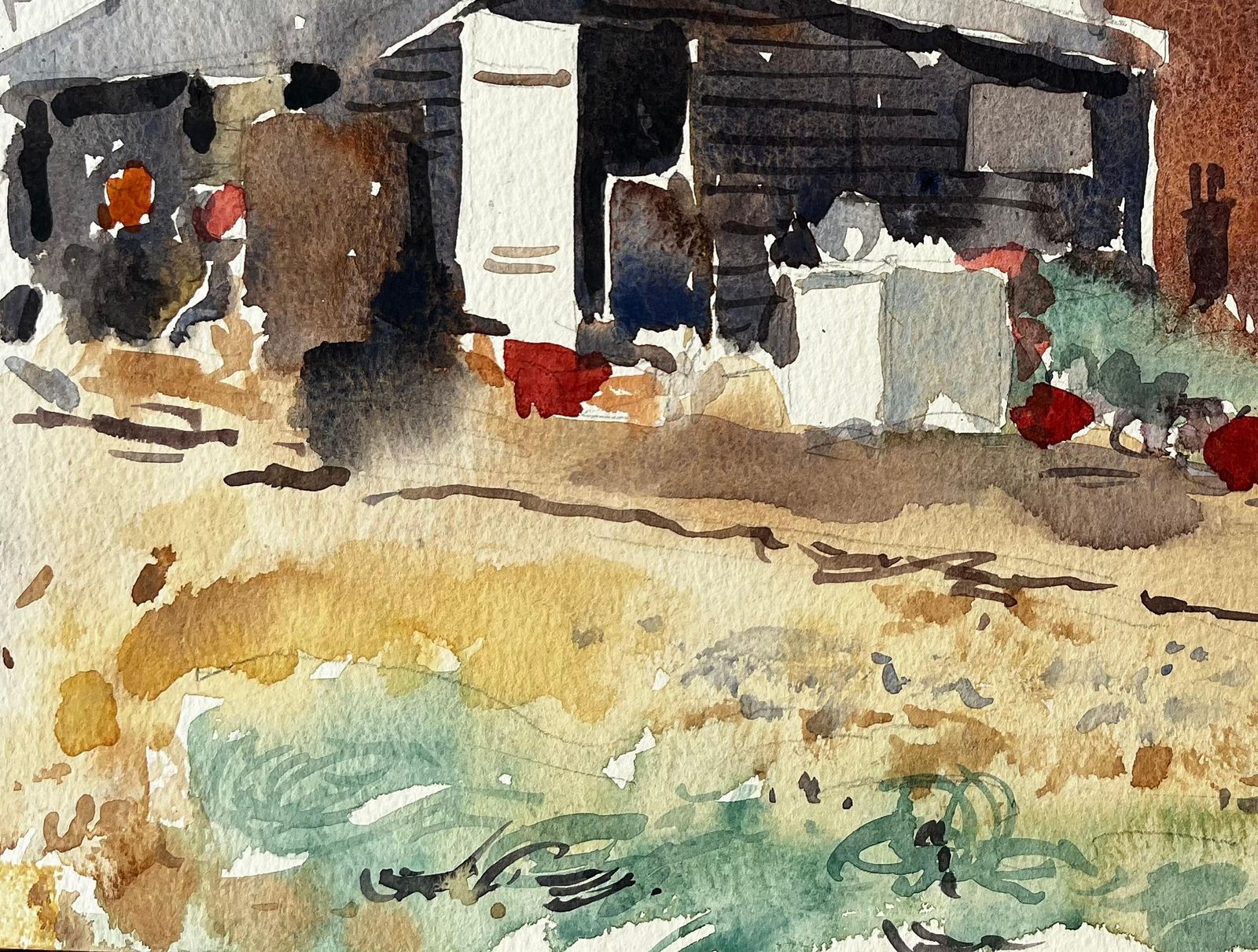 Anthony Herbertcoastal Fishing Huts With Nets And Harbour Debris Watercolour Landscape photo vinterior