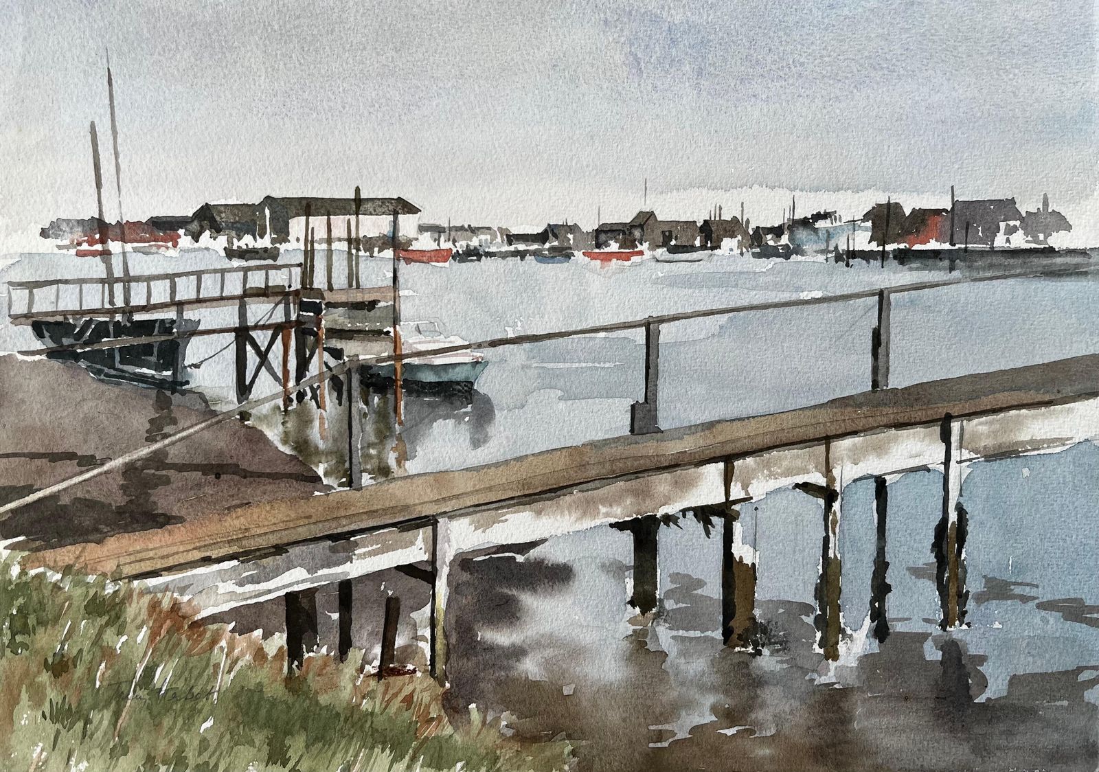 Anthony Herbertsouthwold Harbour Suffolk View Across Estuary With Jetty Boats And Fishing Huts
