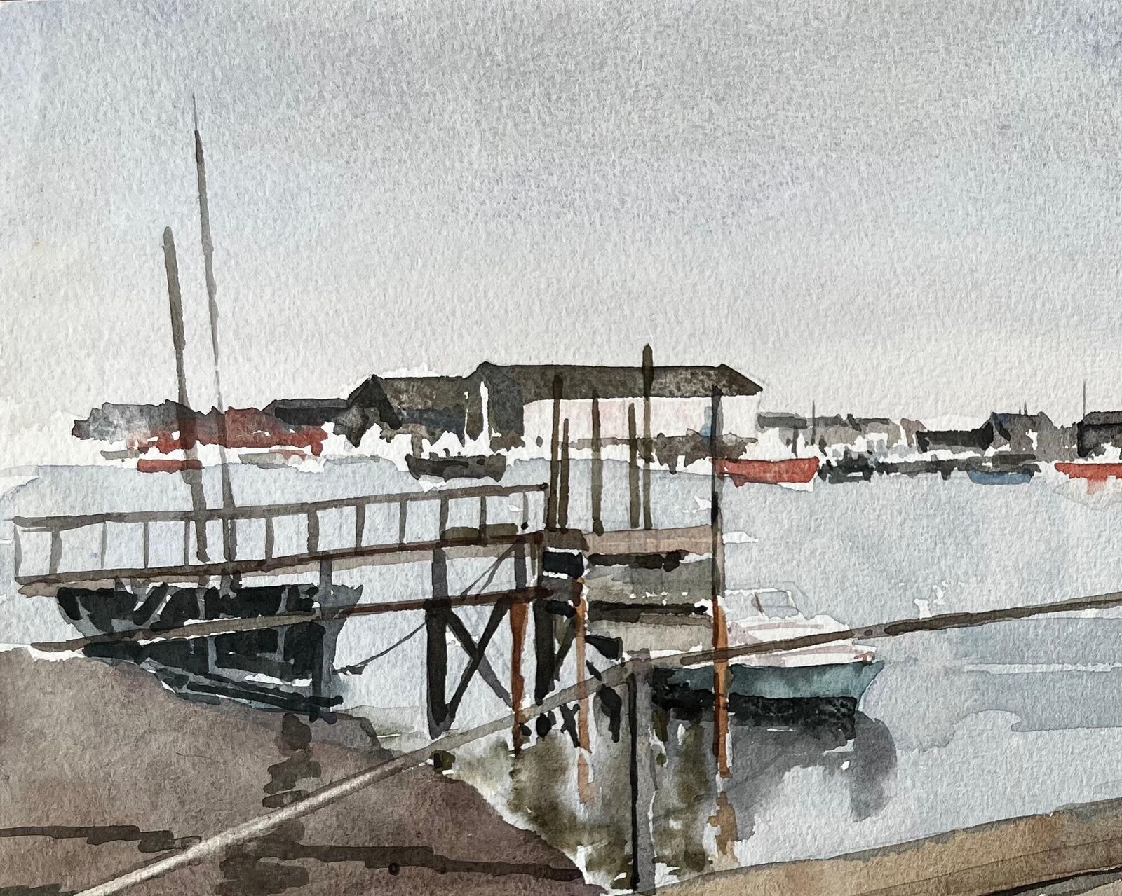 Anthony Herbertsouthwold Harbour Suffolk View Across Estuary With Jetty Boats And Fishing Huts photo for sale