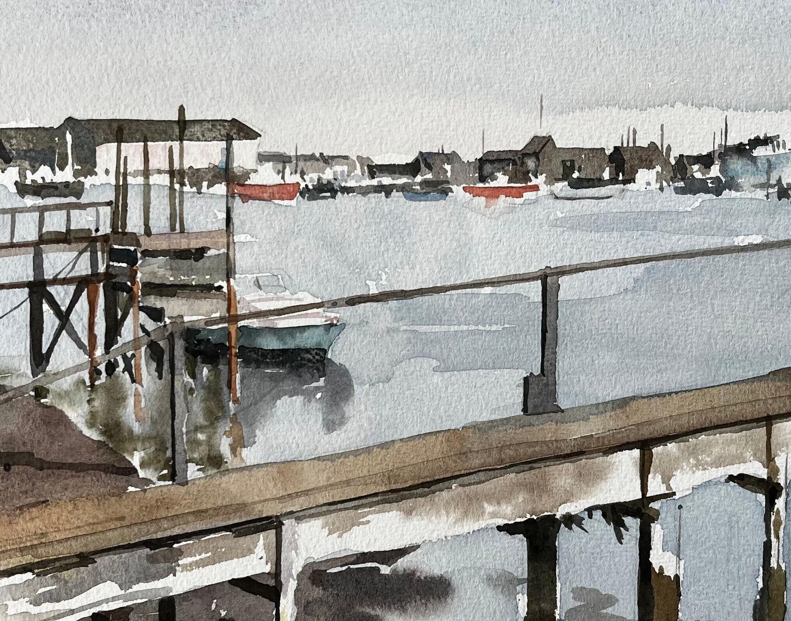 Anthony Herbertsouthwold Harbour Suffolk View Across Estuary With Jetty Boats And Fishing Huts photo buy