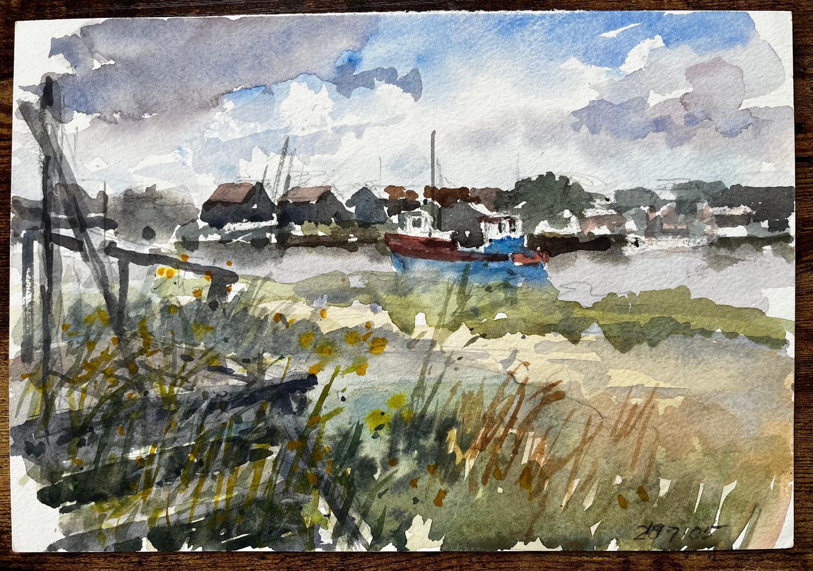 Anthony Herbertwalberswick Riverbank With Moored Red And Blue Boat Suffolk Coastal Watercolor1997 photo furniture