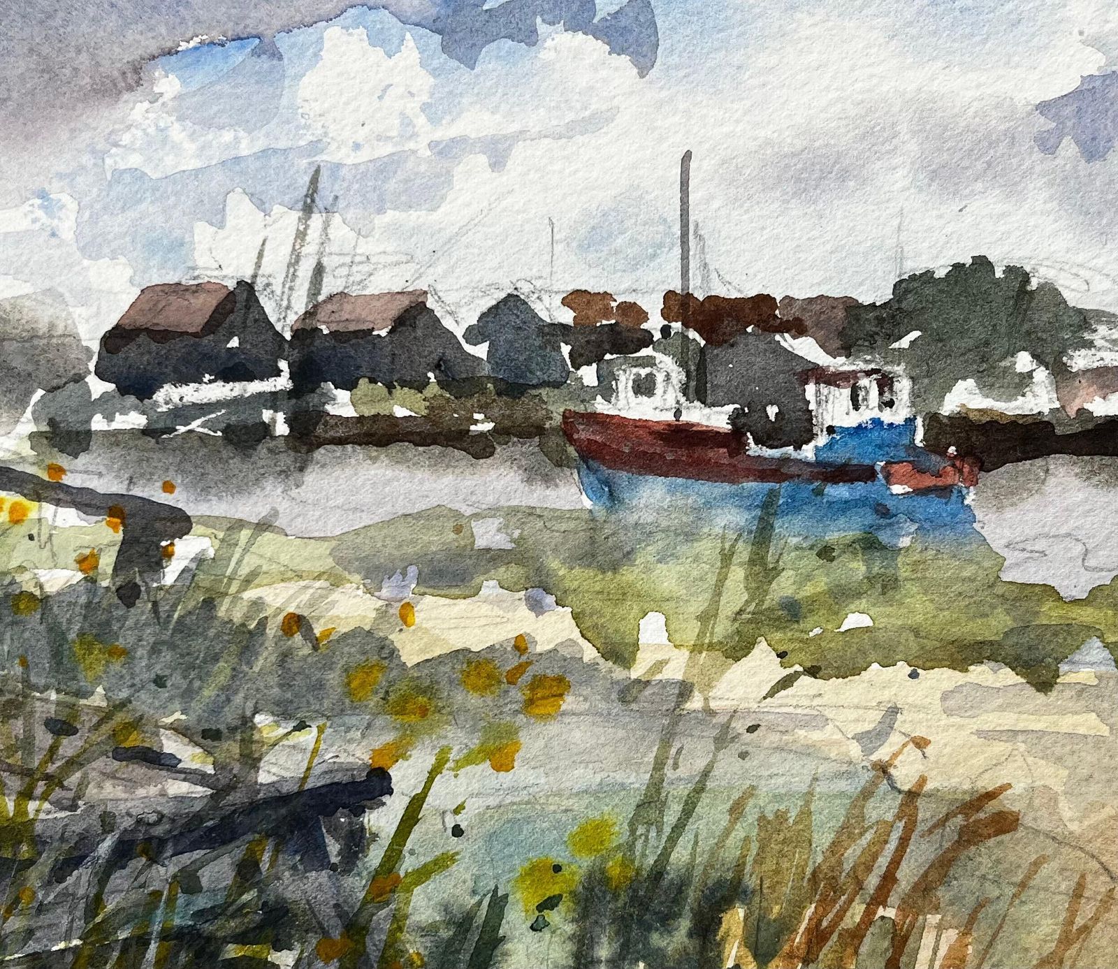 Anthony Herbertwalberswick Riverbank With Moored Red And Blue Boat Suffolk Coastal Watercolor1997 photo vintage