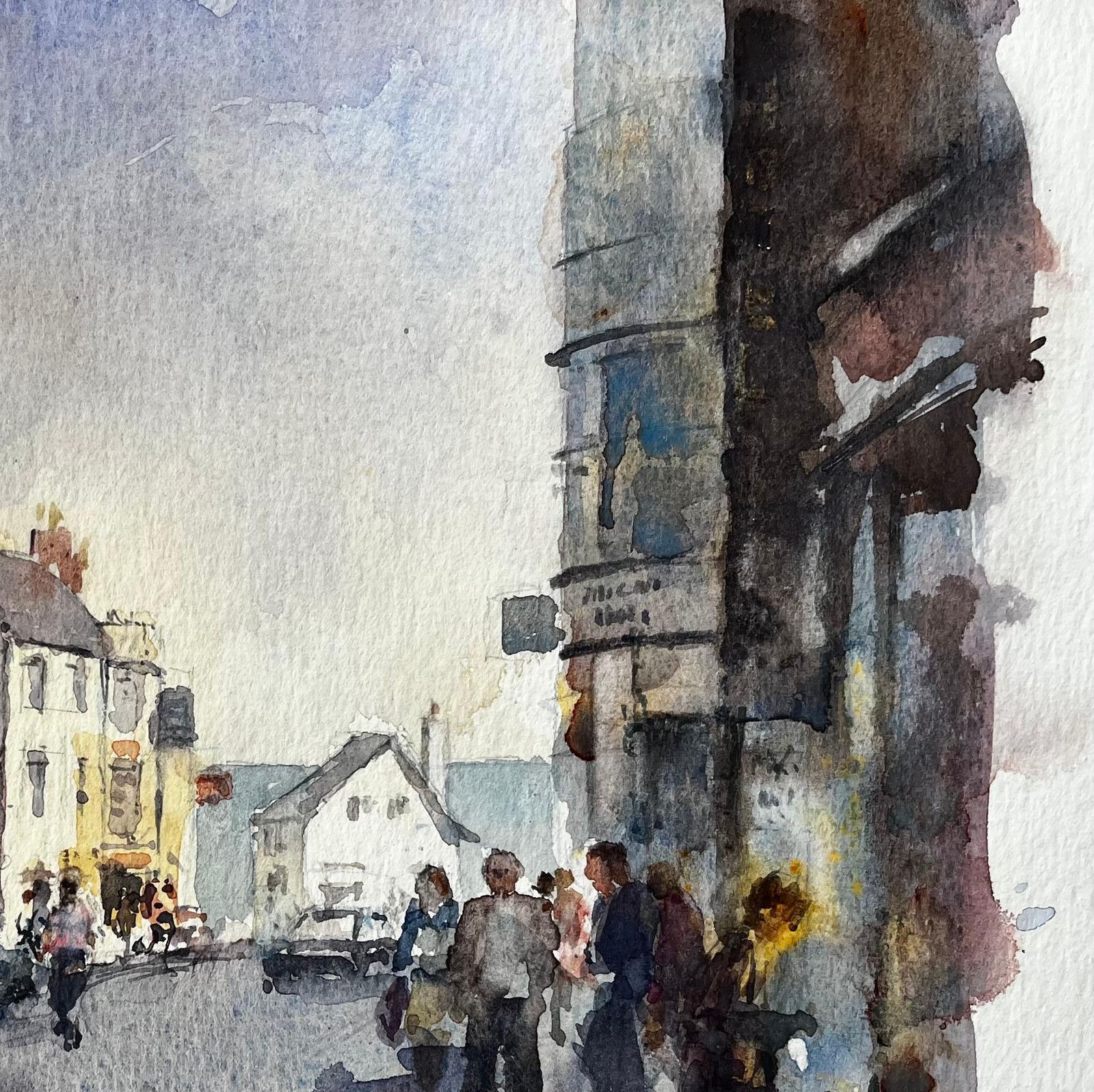 Anthony Herbertbusy High Street Scene With Figures Cars And Yellow Townhouses Watercolour photo Art