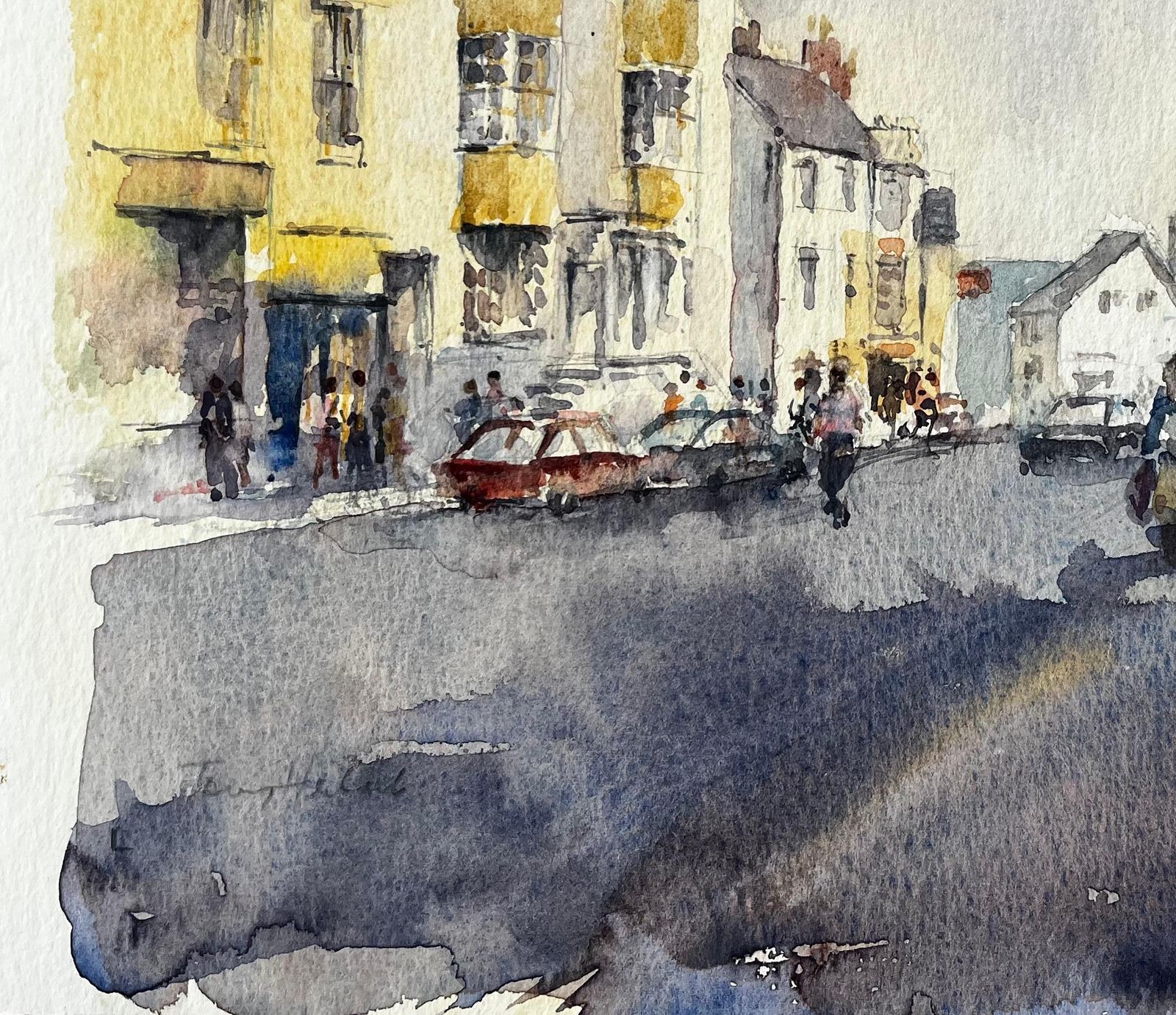 Anthony Herbertbusy High Street Scene With Figures Cars And Yellow Townhouses Watercolour photo vinterior