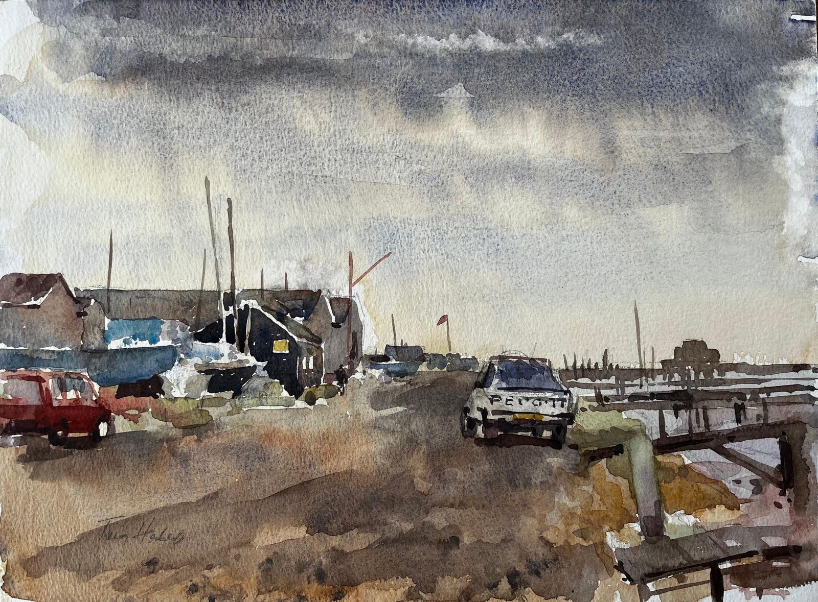 Anthony Herbertsouthwold Harbour With Boatsheds Moored Vessels Peugeot Car And Cloudy Sky1997