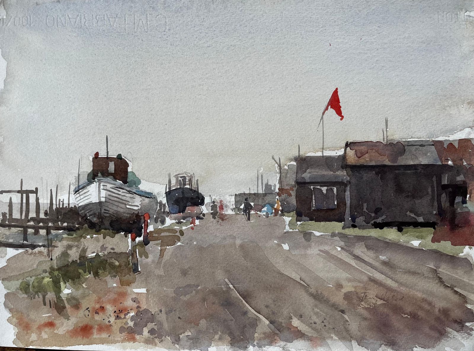Anthony Herbertsouthwold Boatyard With Red Flag Fishing Sheds And Harbour Walkway Watercolour1997
