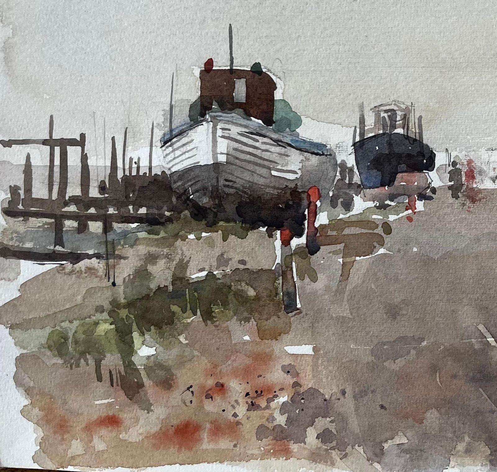 Anthony Herbertsouthwold Boatyard With Red Flag Fishing Sheds And Harbour Walkway Watercolour1997 photo for sale