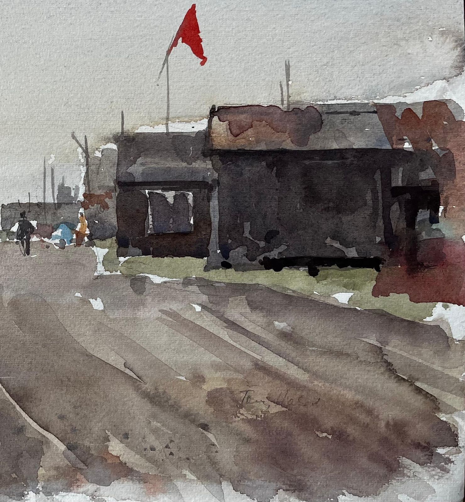 Anthony Herbertsouthwold Boatyard With Red Flag Fishing Sheds And Harbour Walkway Watercolour1997 photo 630.0