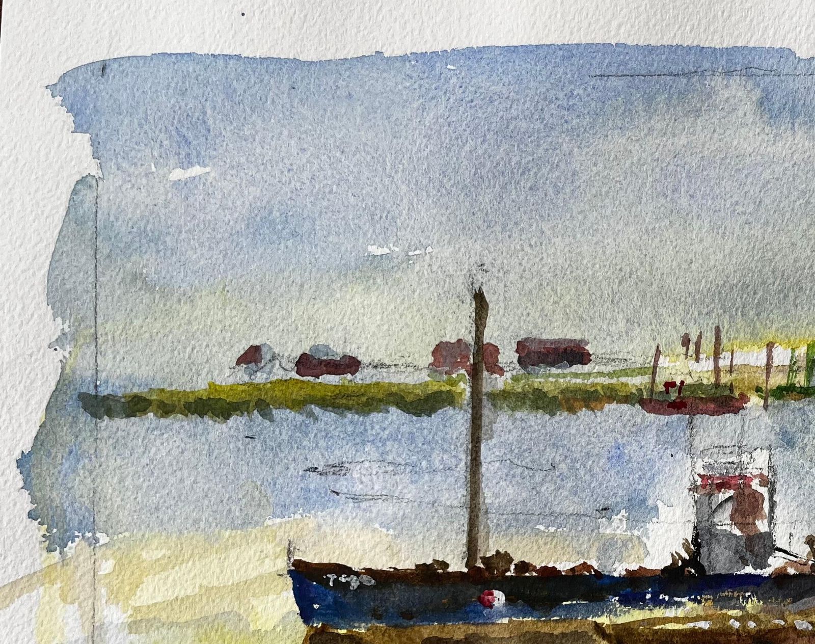 Anthony Herbertmoored Fishing Boat With Jetty And Distant Sheds East Coast Maritime Watercolour photo Art