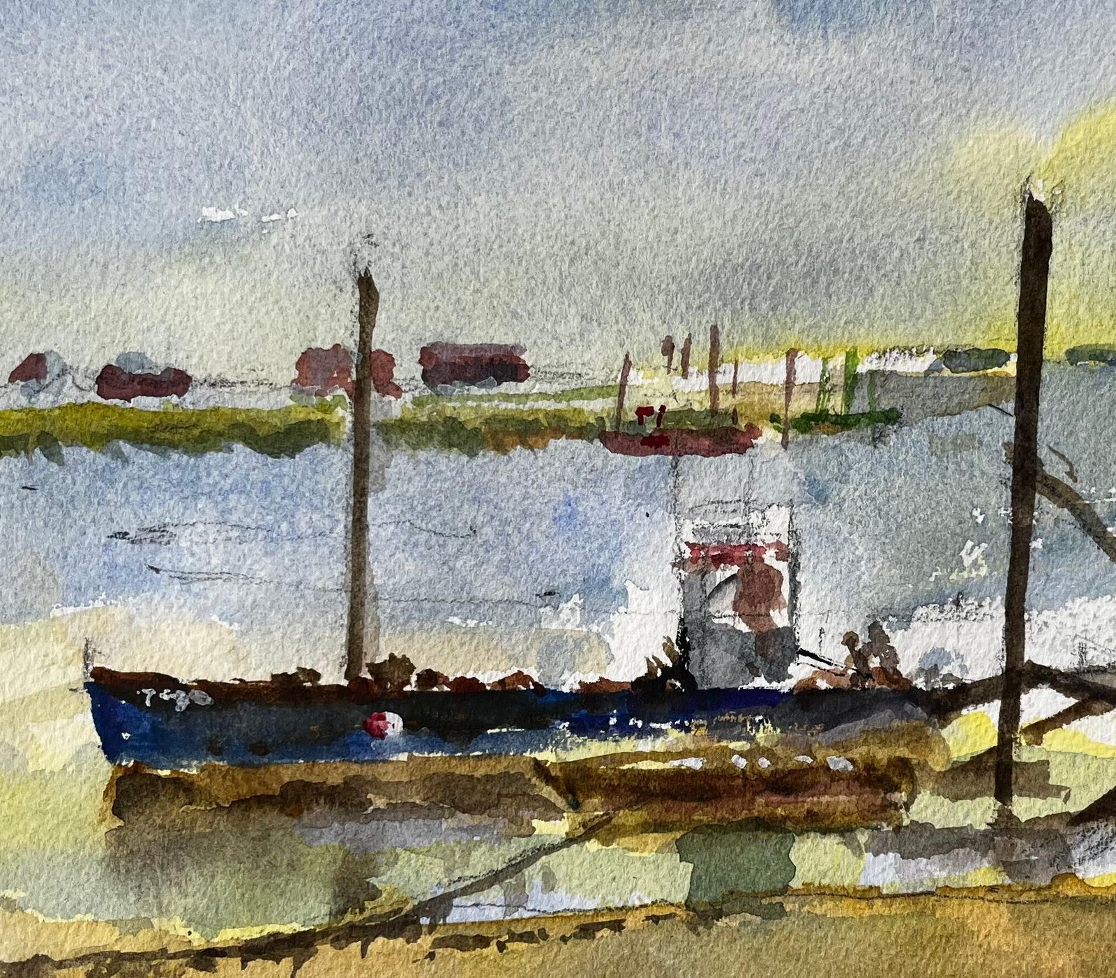 Anthony Herbertmoored Fishing Boat With Jetty And Distant Sheds East Coast Maritime Watercolour photo 607.0