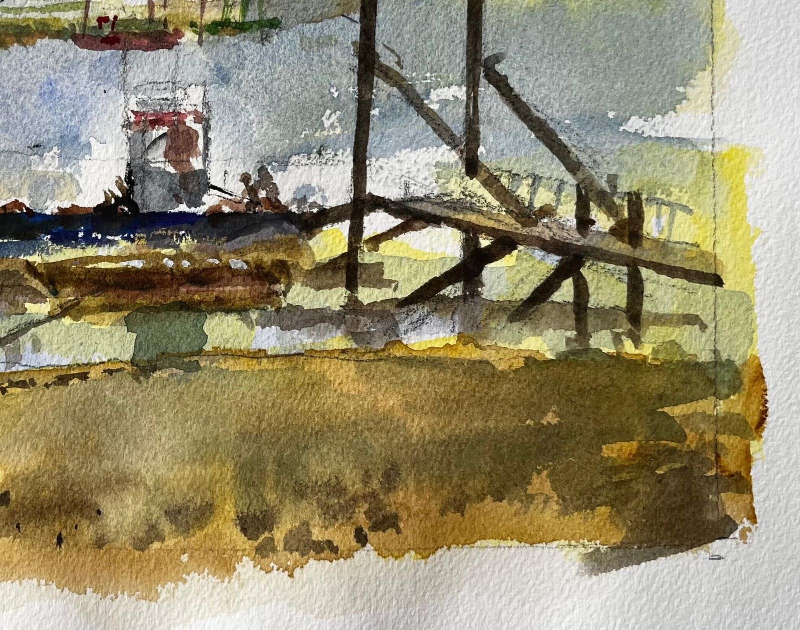 Anthony Herbertmoored Fishing Boat With Jetty And Distant Sheds East Coast Maritime Watercolour photo vinterior
