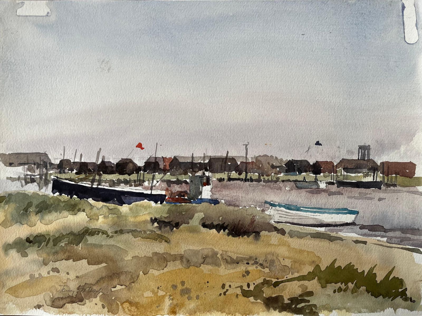 Anthony Herbertwalberswick Boats And Fishing Huts On The Riverbank With Grasses And Red Flag1995