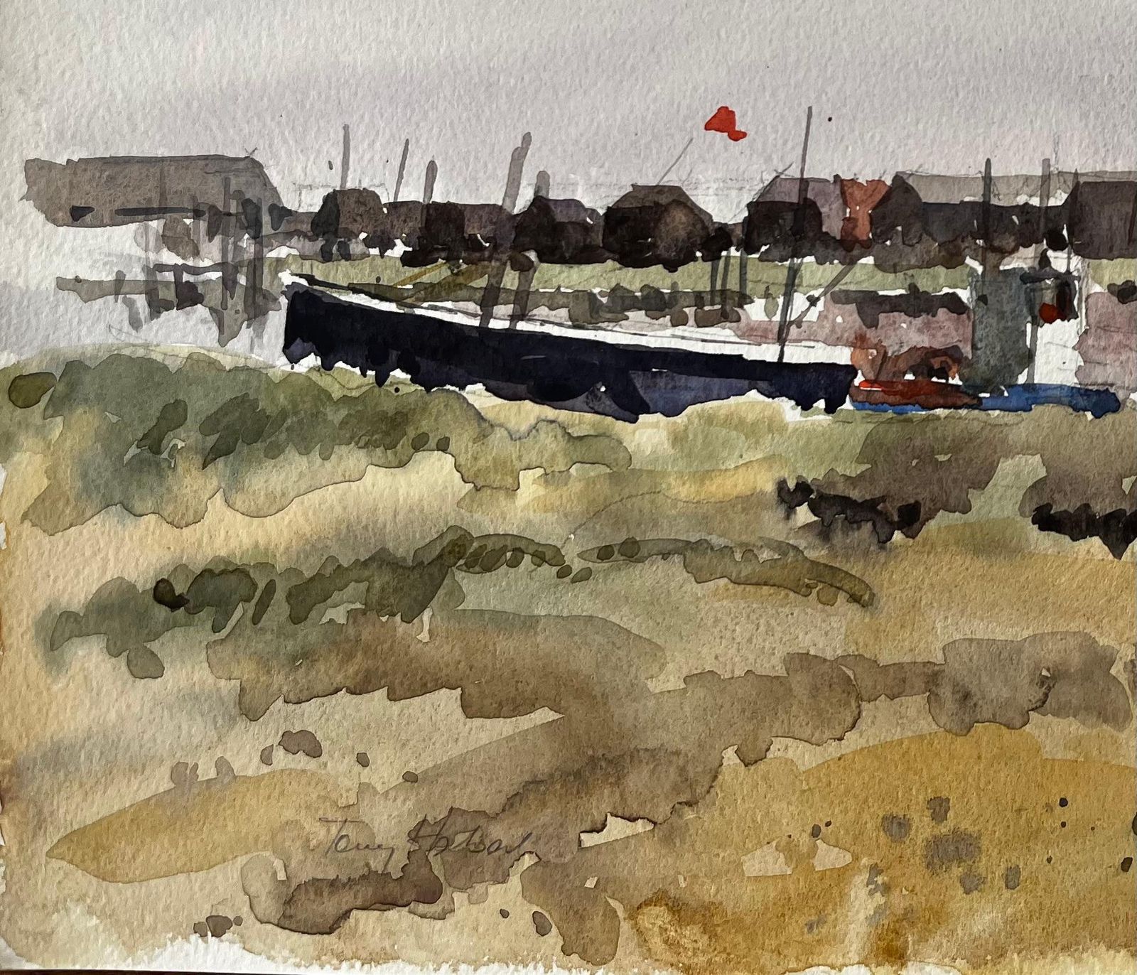 Anthony Herbertwalberswick Boats And Fishing Huts On The Riverbank With Grasses And Red Flag1995 photo for sale