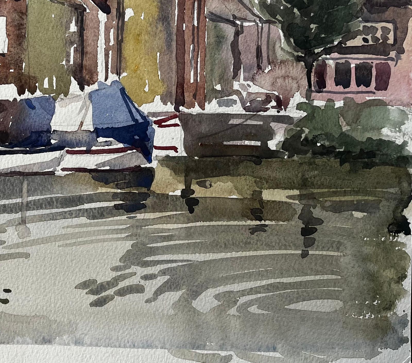 Anthony Herbertoriginal Watercolour Moored Sailboats And Riverside Buildings With Reflections1996 photo 555.0