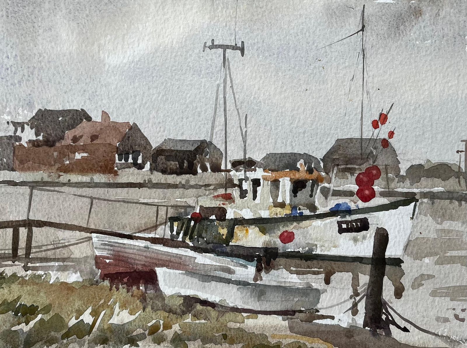 Anthony Herbertsouthwold Harbour Fishing Boat Low Tide Estuary Scene With Sheds And Moorings1994 photo vinterior