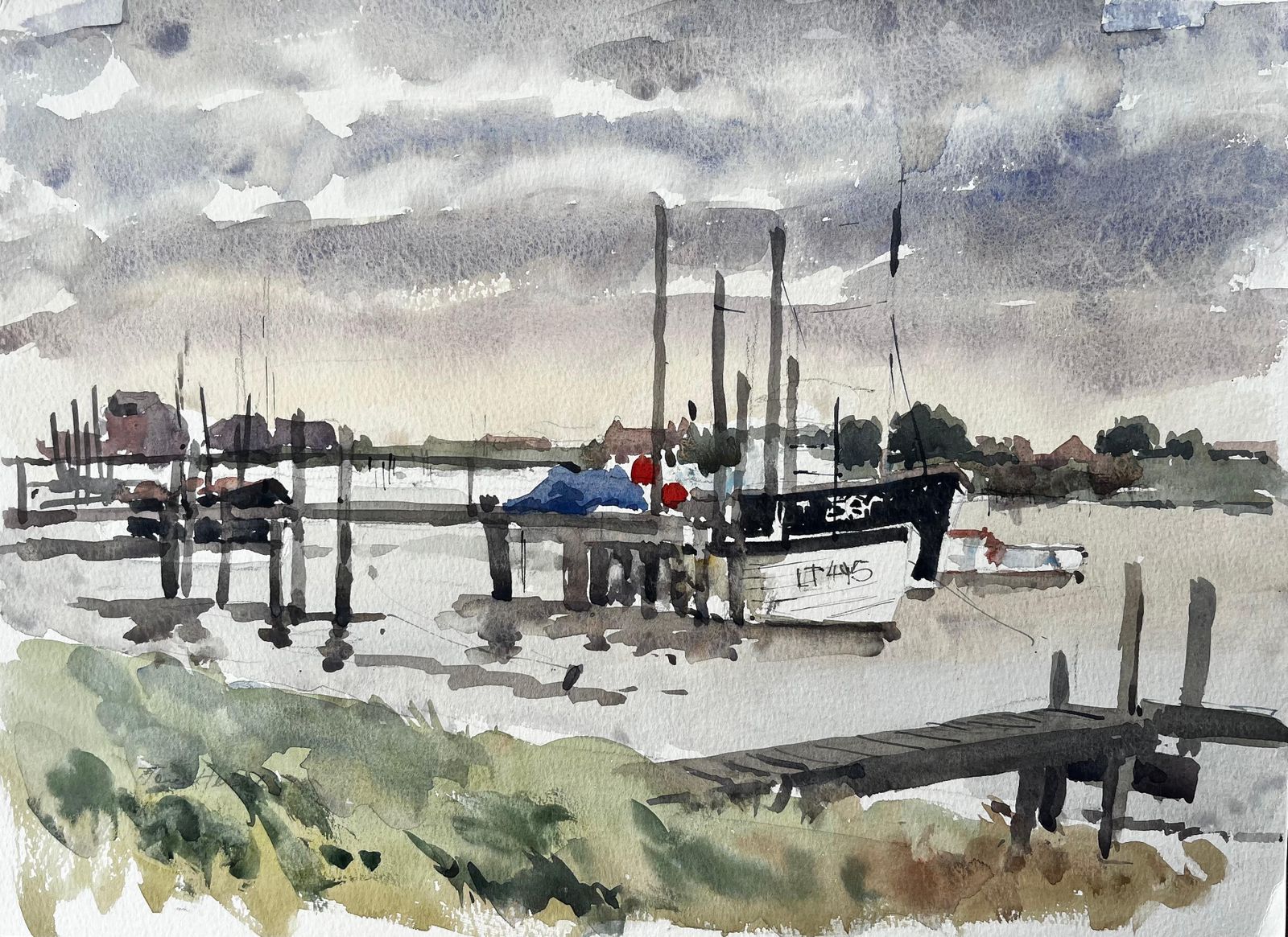 Anthony Herbertoriginal Watercolour Southwold Harbour Scene With Fishing Boats And Jetty 19941994
