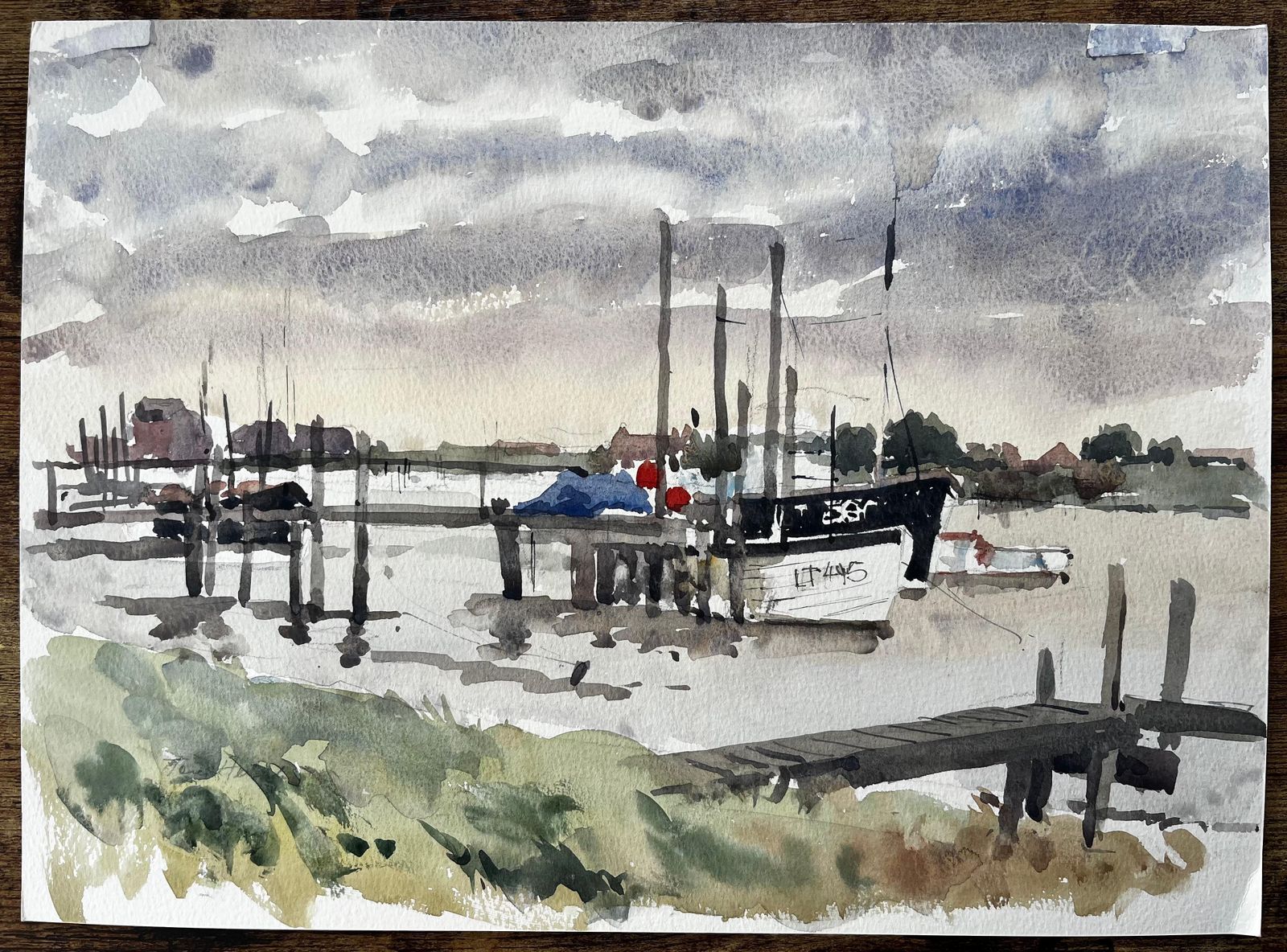 Anthony Herbertoriginal Watercolour Southwold Harbour Scene With Fishing Boats And Jetty 19941994 photo furniture