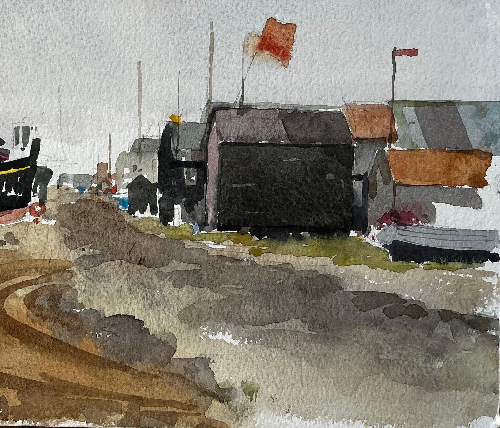 Anthony Herbertoriginal Watercolour Southwold Harbour Boats And Fishing Huts Scene1993 photo for sale