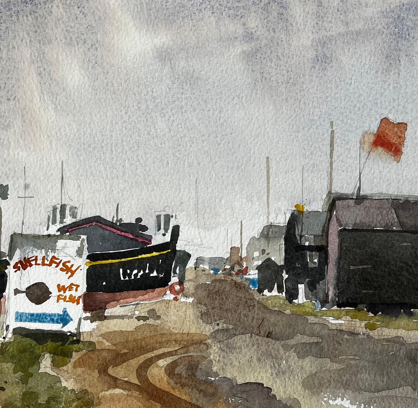 Anthony Herbertoriginal Watercolour Southwold Harbour Boats And Fishing Huts Scene1993 photo buy